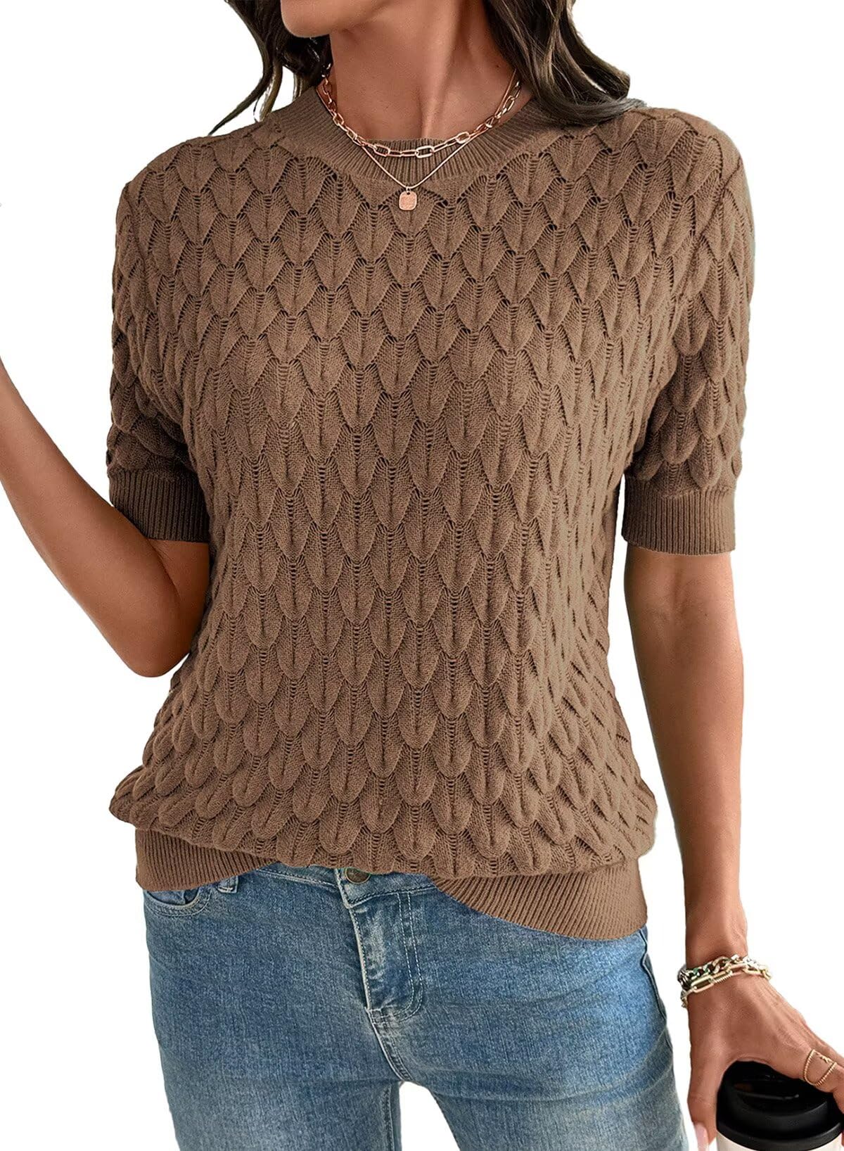 Dokotoo Short Sleeve Sweater for Women 2026 Trendy Crewneck T Shirts Casual Summer Blouses