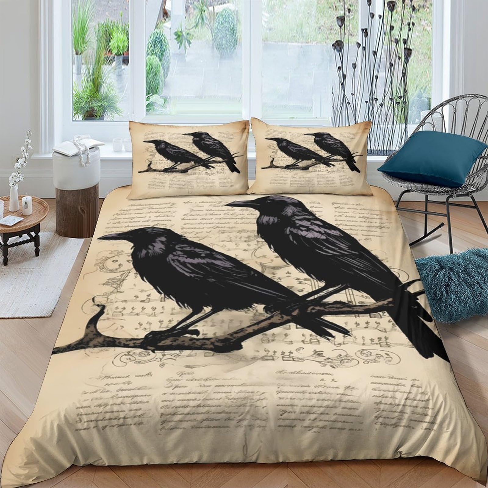 Ctjqhvkz Style-9 3D Printed Vintage Raven Fitted Sheet Microfiber Soft Breathable Old Script Mattress Cover Bedroom Decor Single（135X200cm）