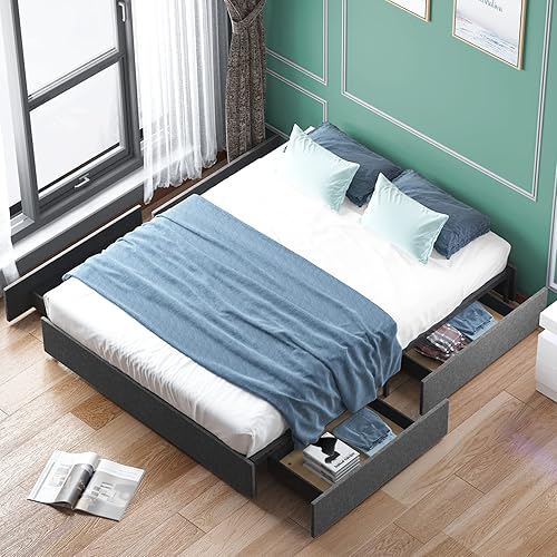 CECER Base de cama tamaño California King con 4 cajones de almacenamiento, base de cama de plataforma con soporte de listones de madera, no necesita