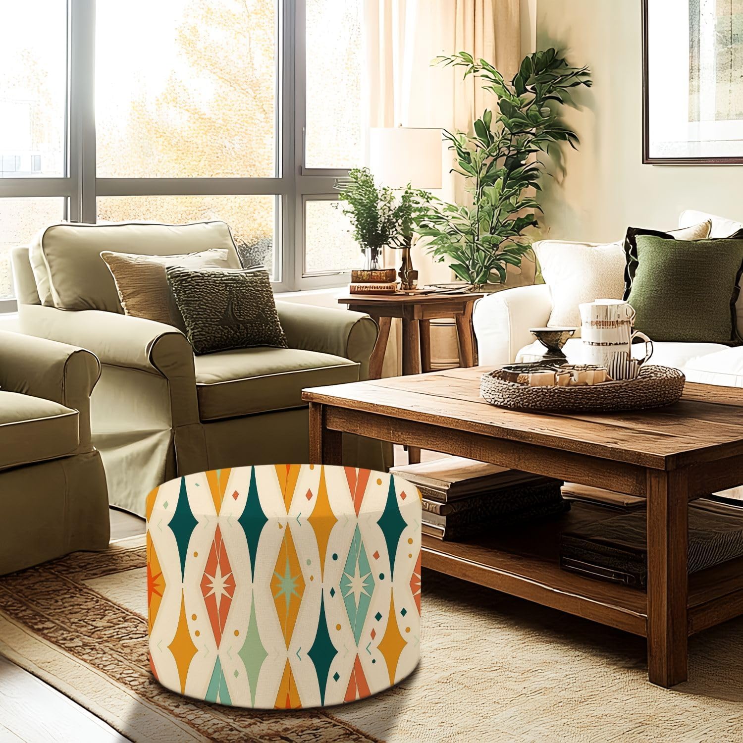 Round Pouf Ottoman Mid Century Teal Orange Ideal for Fabric Foot Stool Foot Rest Floor Stool Bean Bag Chair Cotton Linen Removable Indoor Outdoor for Living Room Bedroom