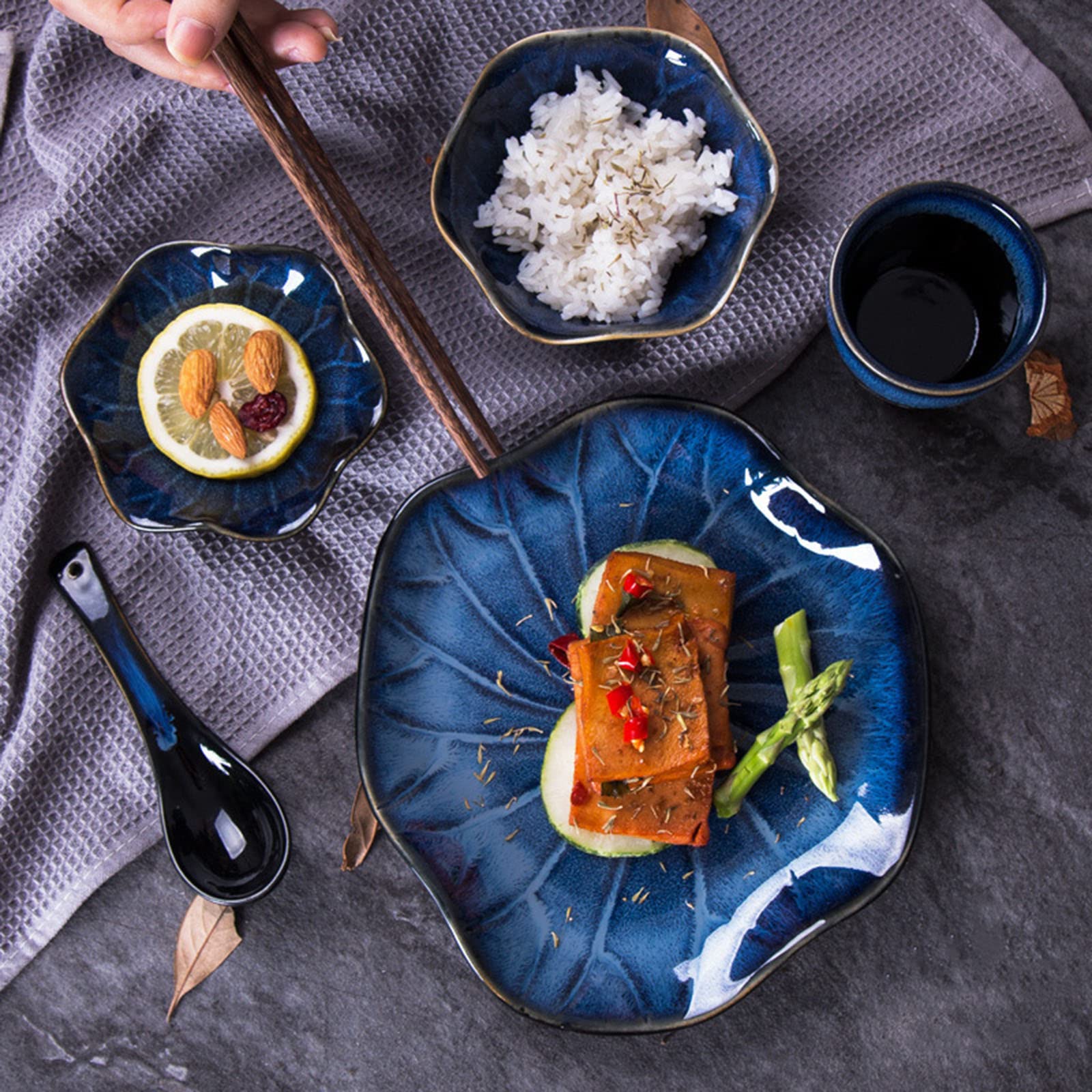 Service de Vaisselle rétro Japonais, Ensemble de Couverts en céramique, Assiette créative, Bol de Riz, Petit Plat, cuillère à Soupe, Vaisselle pour 1 Personne