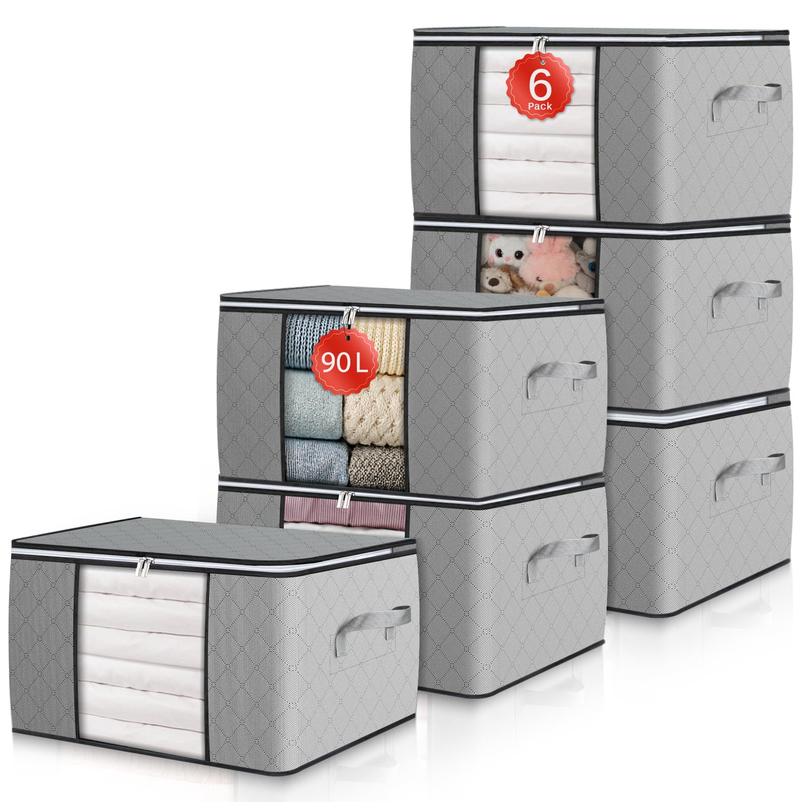 GoMaihe Sac de Rangement Vetement 90L: Boîte de Rangement Couette Organisateur de Placard, Déménagement Bac de Rangement |Fenêtre Transparente | Pliable | Poignée Renforcée, 6 Pièces Gris