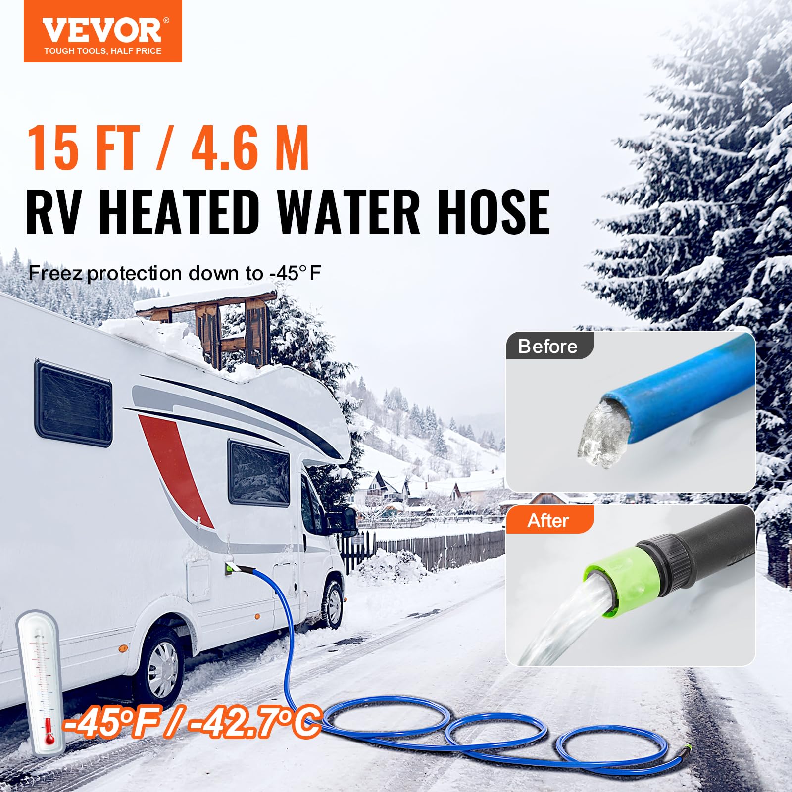 VEVOR Tuyau d'Eau Chauffant 4,6 m pour Camping-car, Tuyau d'Eau Potable Antigel jusqu'à -42,7 ℃, Autorégulation Automatique, Diamètre Intérieur de 16 mm avec Raccords Rapides, sans Plomb et sans BPA
