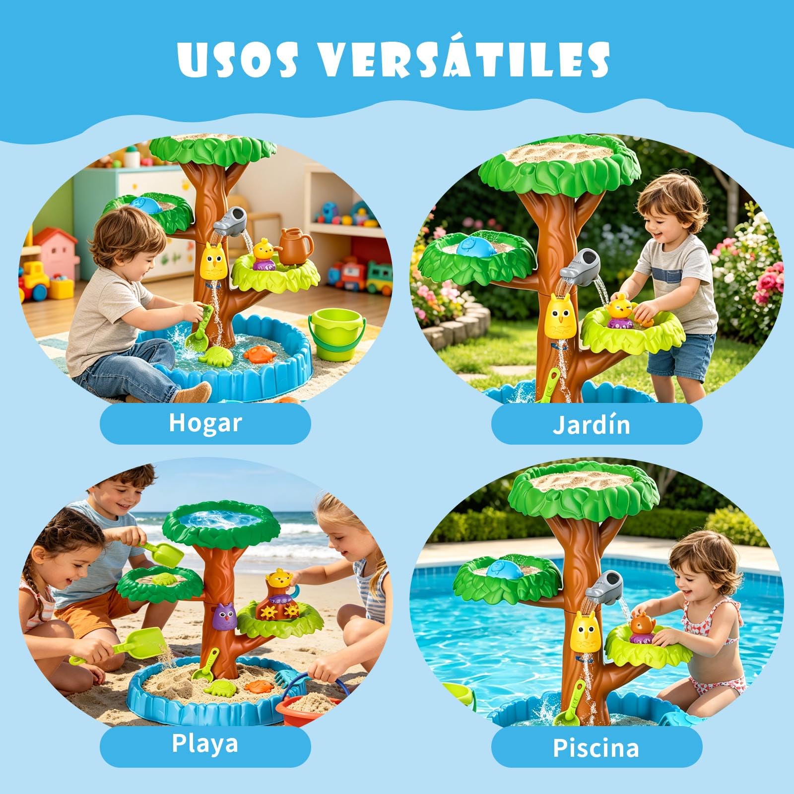 Mesa Arena y Agua Diseño de Árbol de 4 Niveles, Mesa de Agua para Niños, Water Table, Juegos de Agua para Exterior, Juguetes Playa, Regalo Niño 3-8 Años
