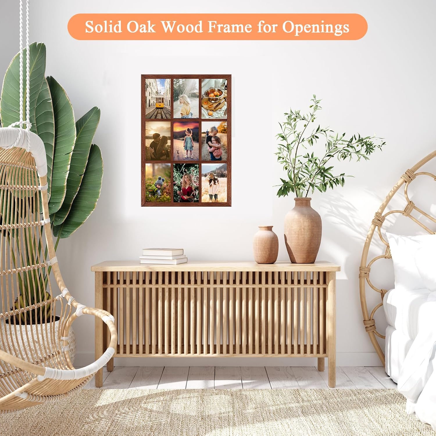 moudamion 4x6 oak wood picture frames collage wall decor brown, solid oak wooden family photo collage frame 9 openings, glass front, wall hanging display 9 4x6 pictures brown 11.5x17.5-9 openings