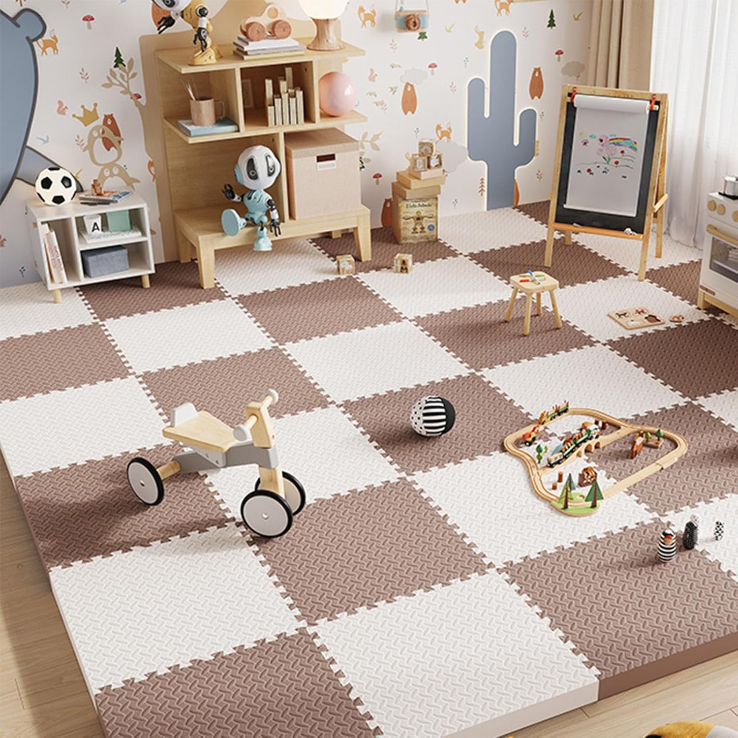 ELzEy Tapis de Jeu Puzzle 16 tuiles Tapis en Mousse emboîtable carré, Carreaux de Sol en Mousse(White+Coffee)