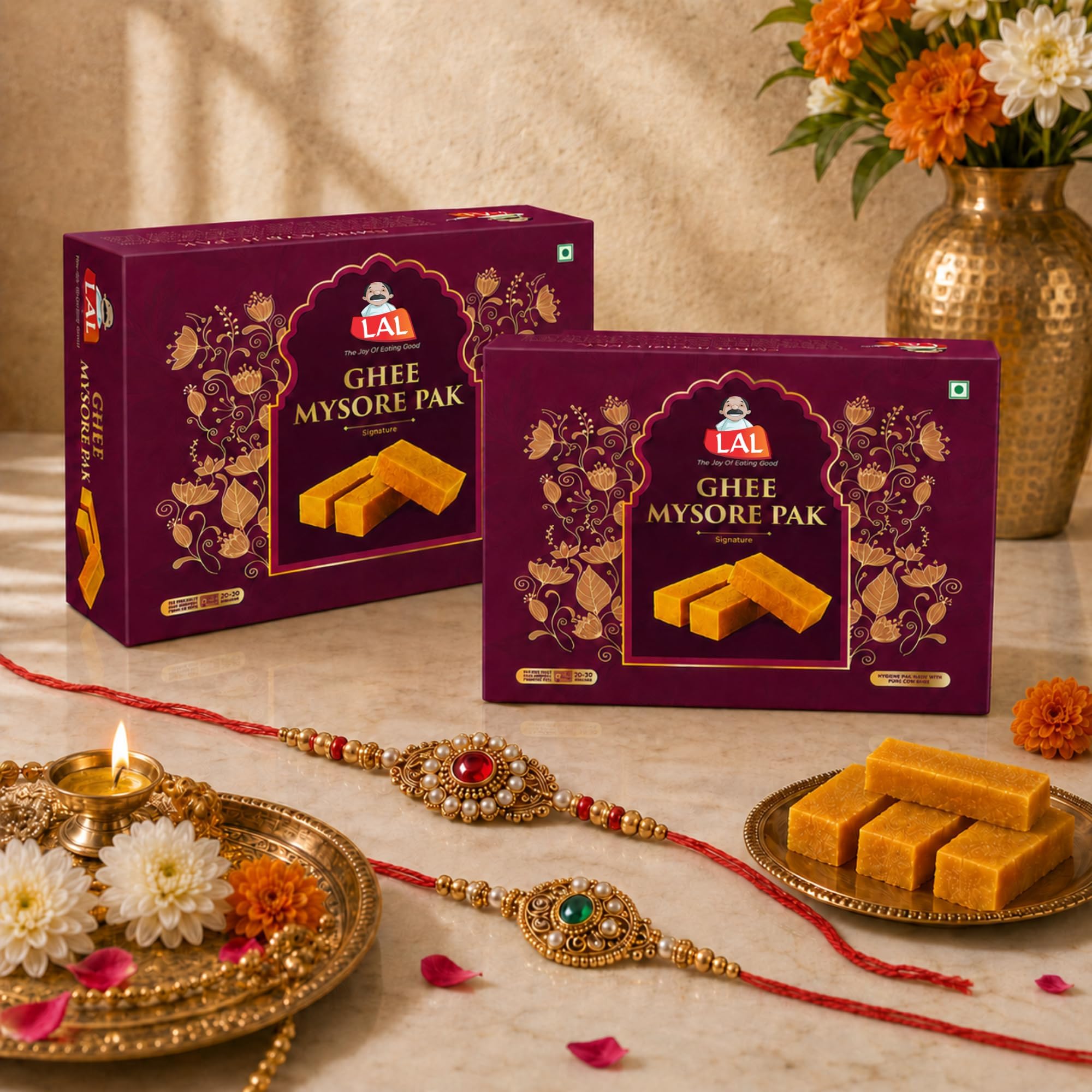Lal Sweets Mysore Pak with Rakhi 800g Each (Pack of 2) | Traditional Sweets Rakhi with | Soft & Melt-in-Mouth Texture | Made with Pure Desi Ghee | Authentic Indian Mithai | No Preservatives | Festival Gift Hamper for Celebrations | Made With Sulfur-Free Sugar | 1600g