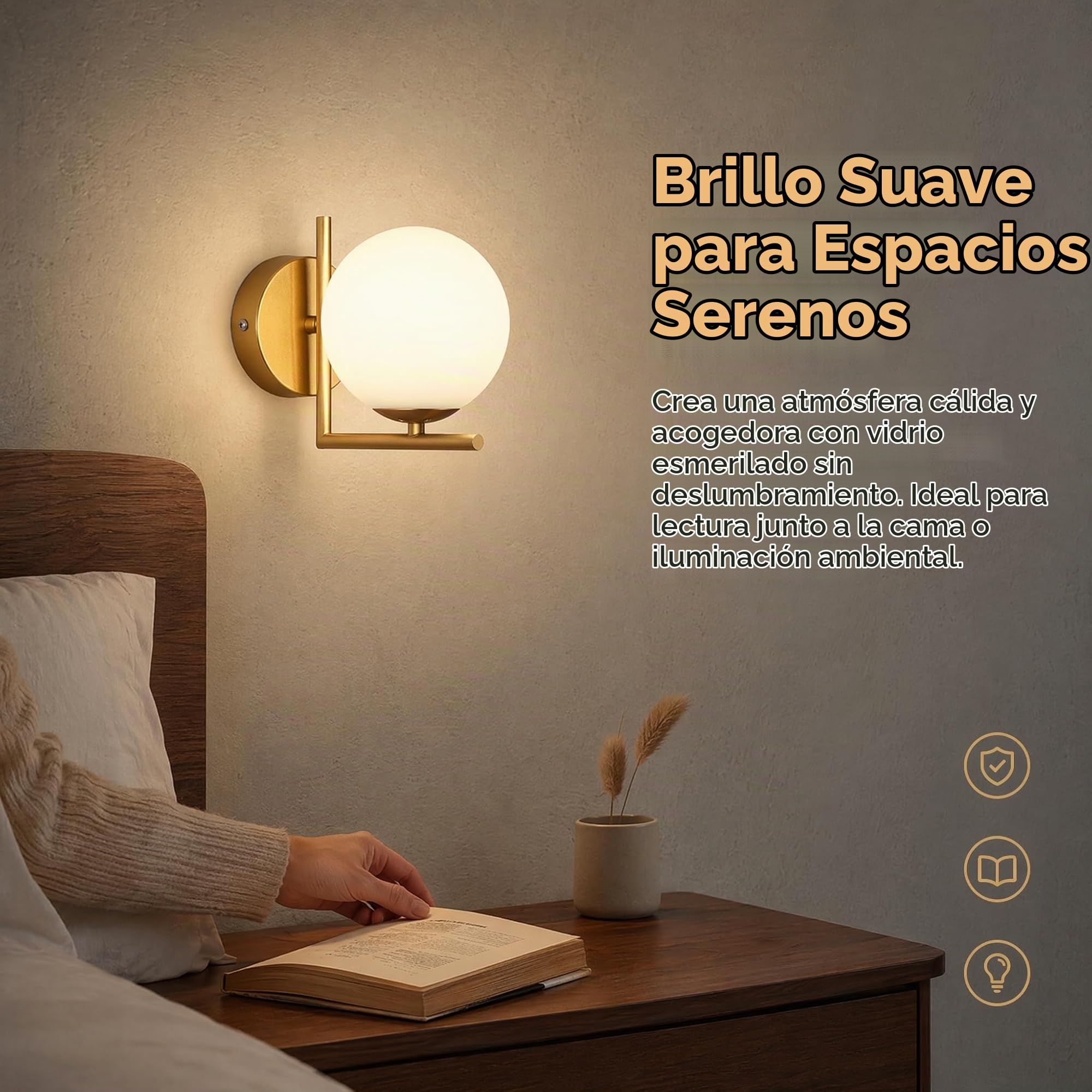 Aplique de pared con bola de cristal blanco, globo de cristal blanco con base dorada, lámpara de pared para cabecera (Dorado)