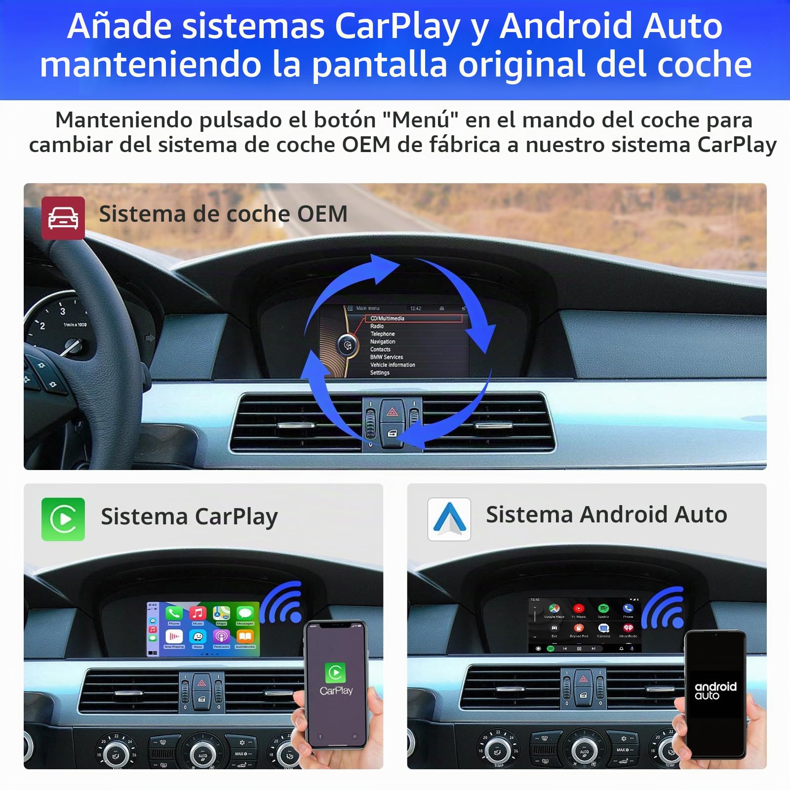 Road Top CarPlay Retrofit Kit para BMW Serie 1/3/5/6/7/X1/X3/X5/X6 con CIC | 2008-2012, Interfaz CarPlay, CarPlay Inalámbrico, Android Auto, MirrorLink, Adaptador CarPlay, Integración OEM