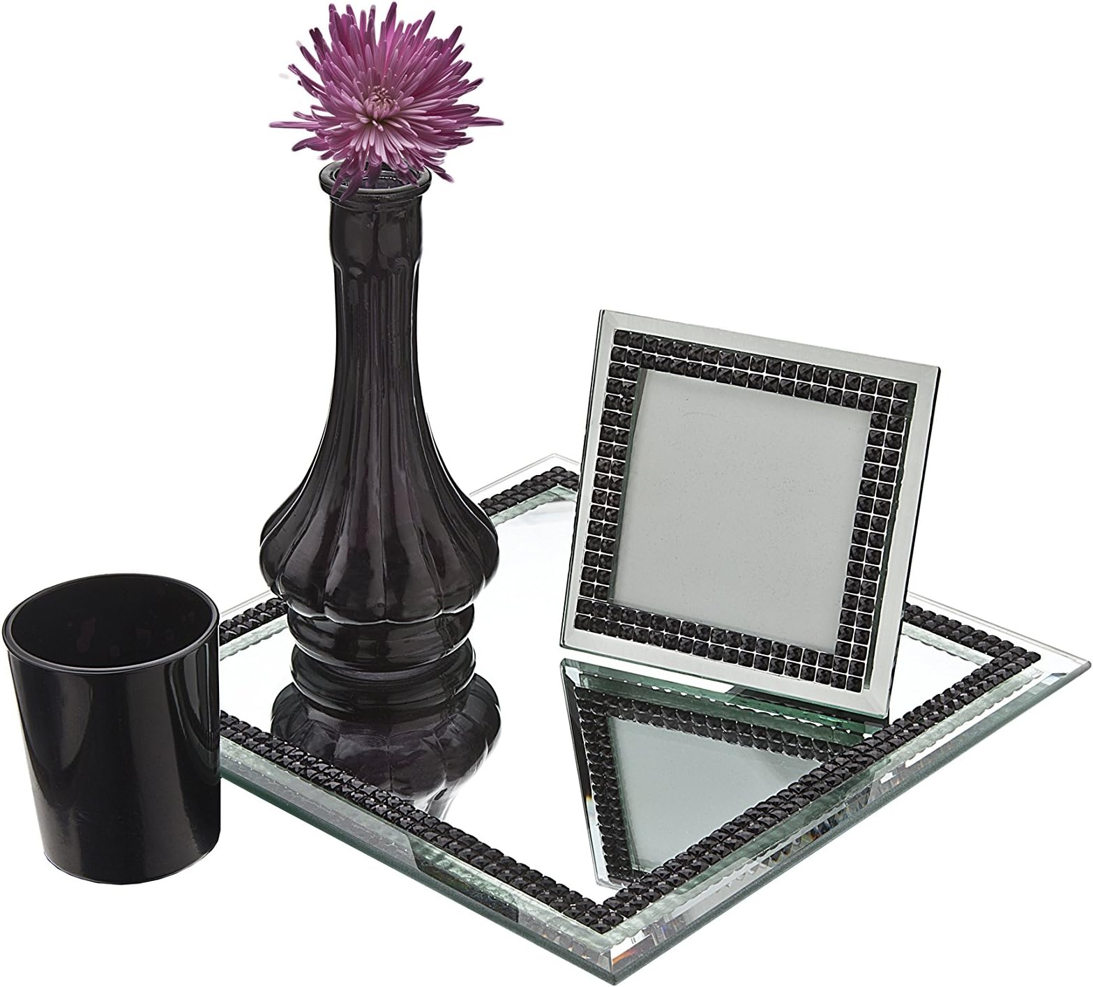 Studio Silversmiths 4-Piece Bling Vanity Set, Silver/Black
