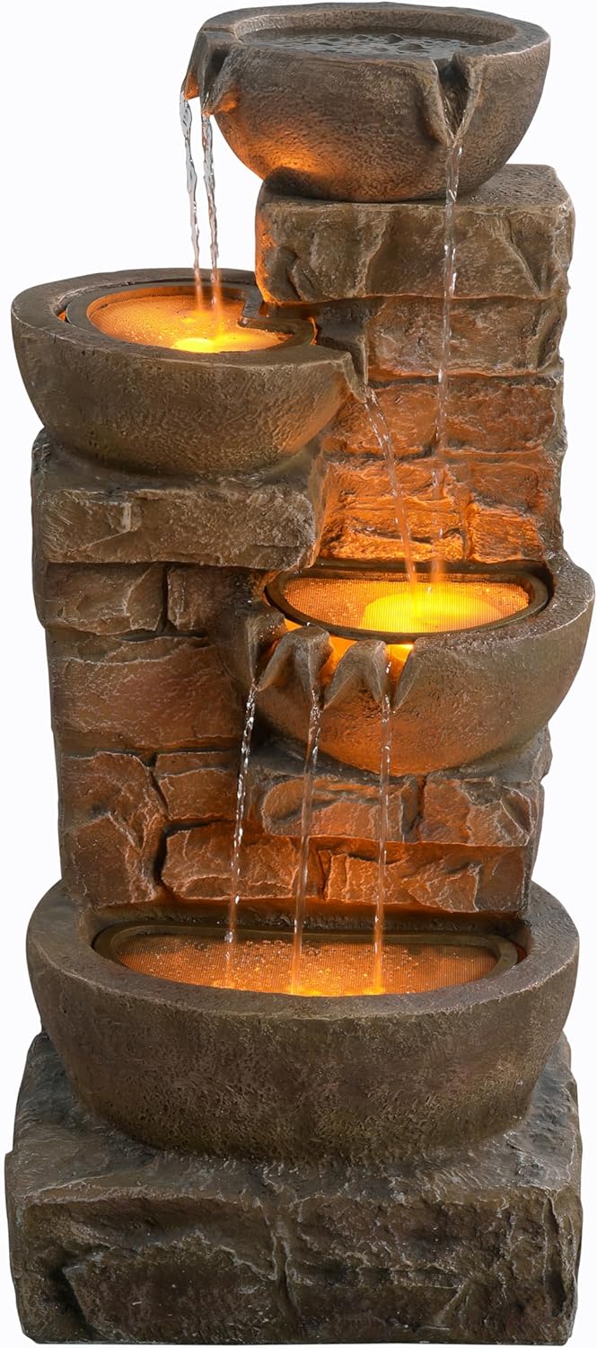 Teamson Home 84.5 cm Cascading Bowls & Stacked Stones LED Outdoor Water Fountain for Outdoor Living Spaces, Brown Teamson Home 84.5 cm Cascading Bowls & Stacked Stones LED Outdoor Water Fountain for Outdoor Living Spaces, Brown