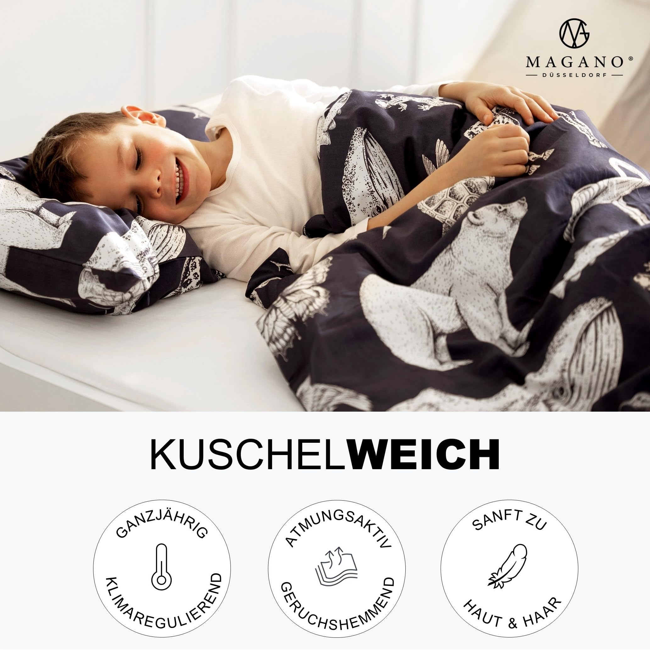 Magano® Kinderbettwäsche 135x200 Blau | Bambus & Baumwolle Satin | 400 TC Luxusqualität | Hypoallergen | Baby Kinder Bettwäsche Junge u. Mädchen | Deckenbezug 135x200 cm + Kissenbezug 40x80 cm