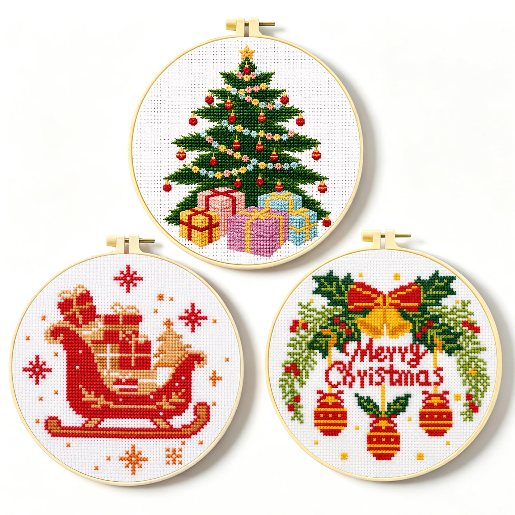 Zhenqing Stamped Cross Stitch Kits for Adults Beginners, Christmas Cross Stitch Kit, 3 Pack Holiday Needlepoint Craft Set with Printed Pattern Fabric, Christmas Tree, Sleigh and Wreath Designs