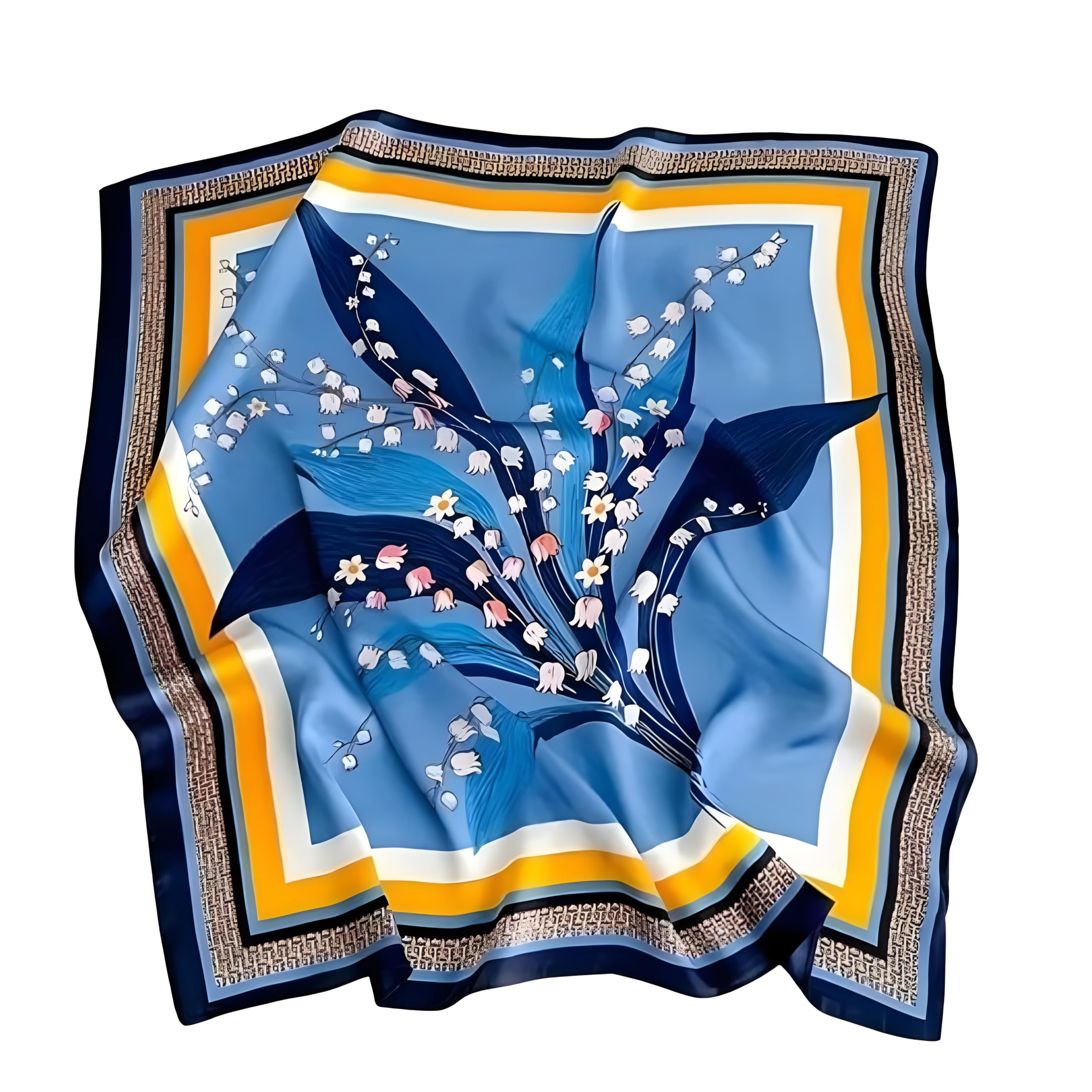 Silk Scarf, Blue Floral Print, Lily of the Valley Design, Square Neck Scarf with Navy and Yellow Border-image-15