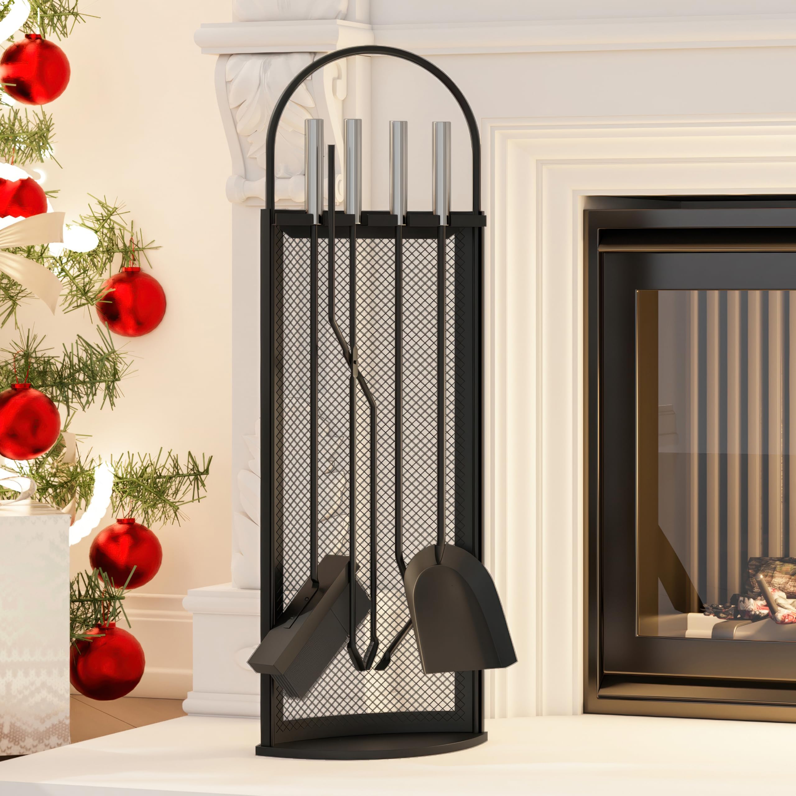 Kingson Set da Camino in 5 Pezzi con Manici in Acciaio INOX 22x16x67cm, Elegante e Resistente Kit di Accessori per Camino Nero