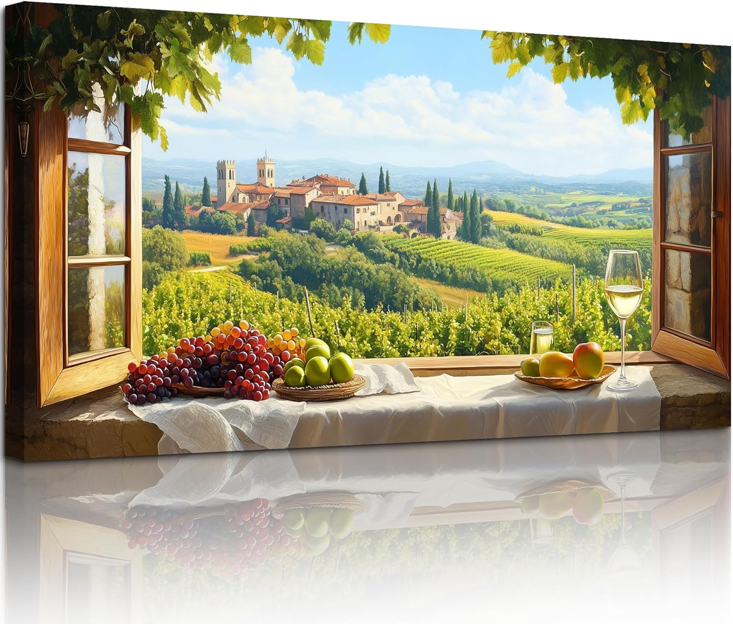 crmotu Vineyard Faux Window Wall Art, Italian Countryside Landscape Large Artwork, Grape Fields Prints Kitchen Wall Decor, Rustic Charm Pictures for Living Room Dining Room No-window Room 20x40 Inch