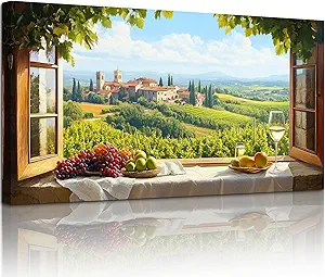 crmotu Vineyard Faux Window Wall Art, Italian Countryside Landscape Large Artwork, Grape Fields Prints Kitchen Wall Decor, Rustic Charm Pictures for Living Room Dining Room No-window Room 20x40 Inch