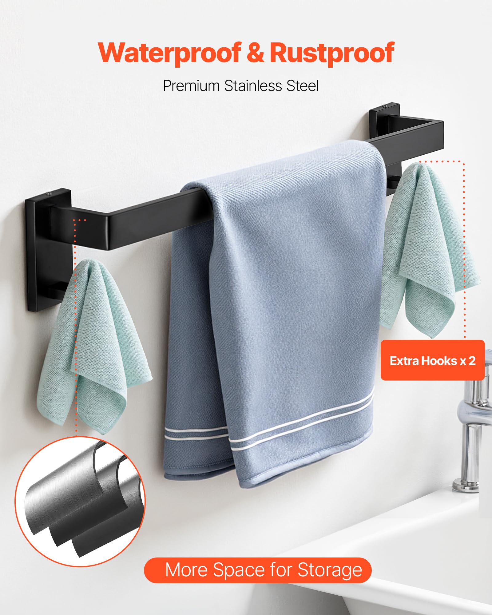 VEVOR Juego de Accesorios de Baño, con 2 Toalleros, 2 Porta Toallas Anillo Cuadrado, 2 Ganchos de 4 Piezas y 2 Portarrollos de Papel Higiénico, en Pared, Negro Mate, 10 uds, 595 x 100 x 80 mm