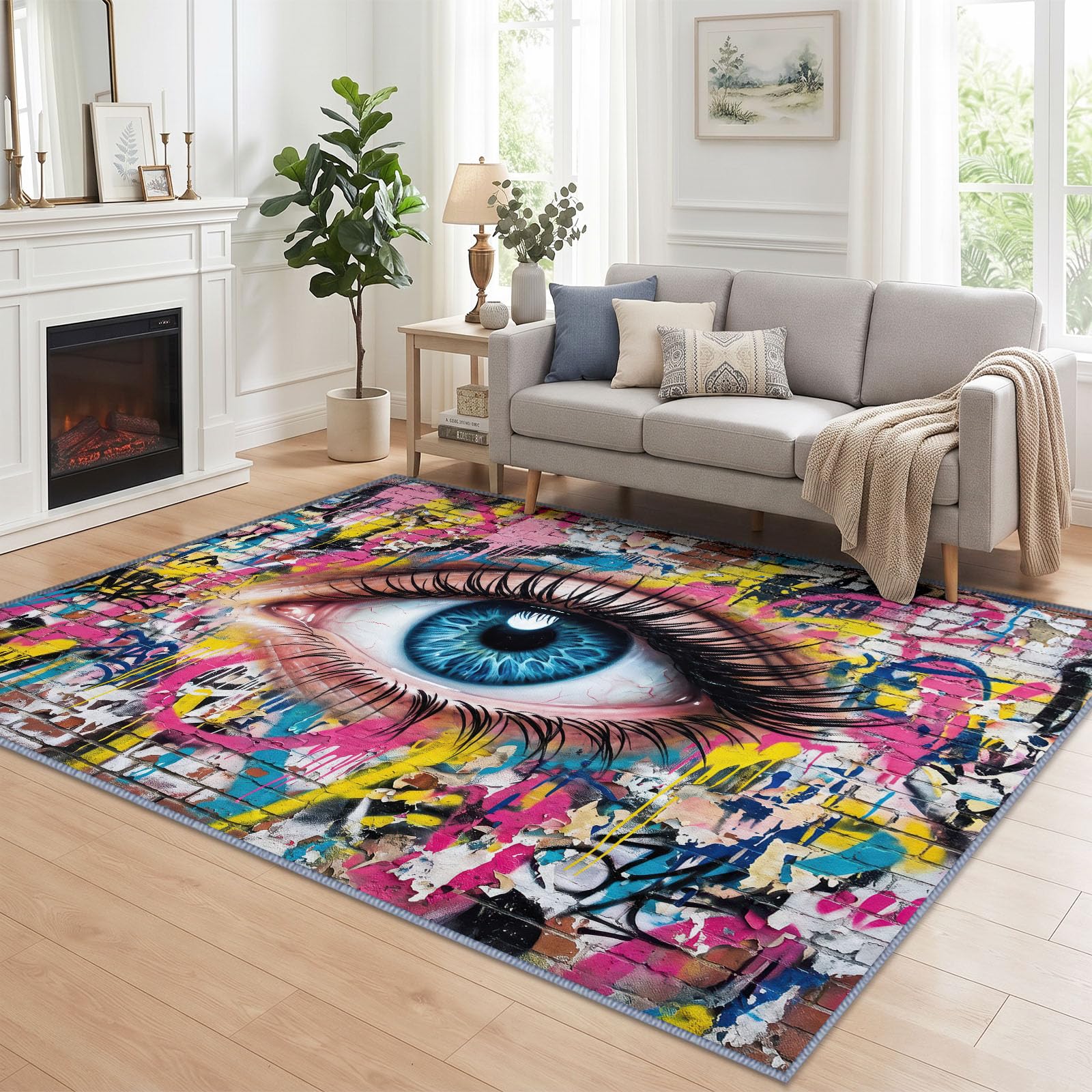 Generisch Menschliches Auge Graffiti Waschbarer Teppich Wohnzimme 160x235 cm, Weich Kurzflor rutschfest Modern Surreal Mode Trendig Teppich für Schlafzimmer Esszimmer Büro