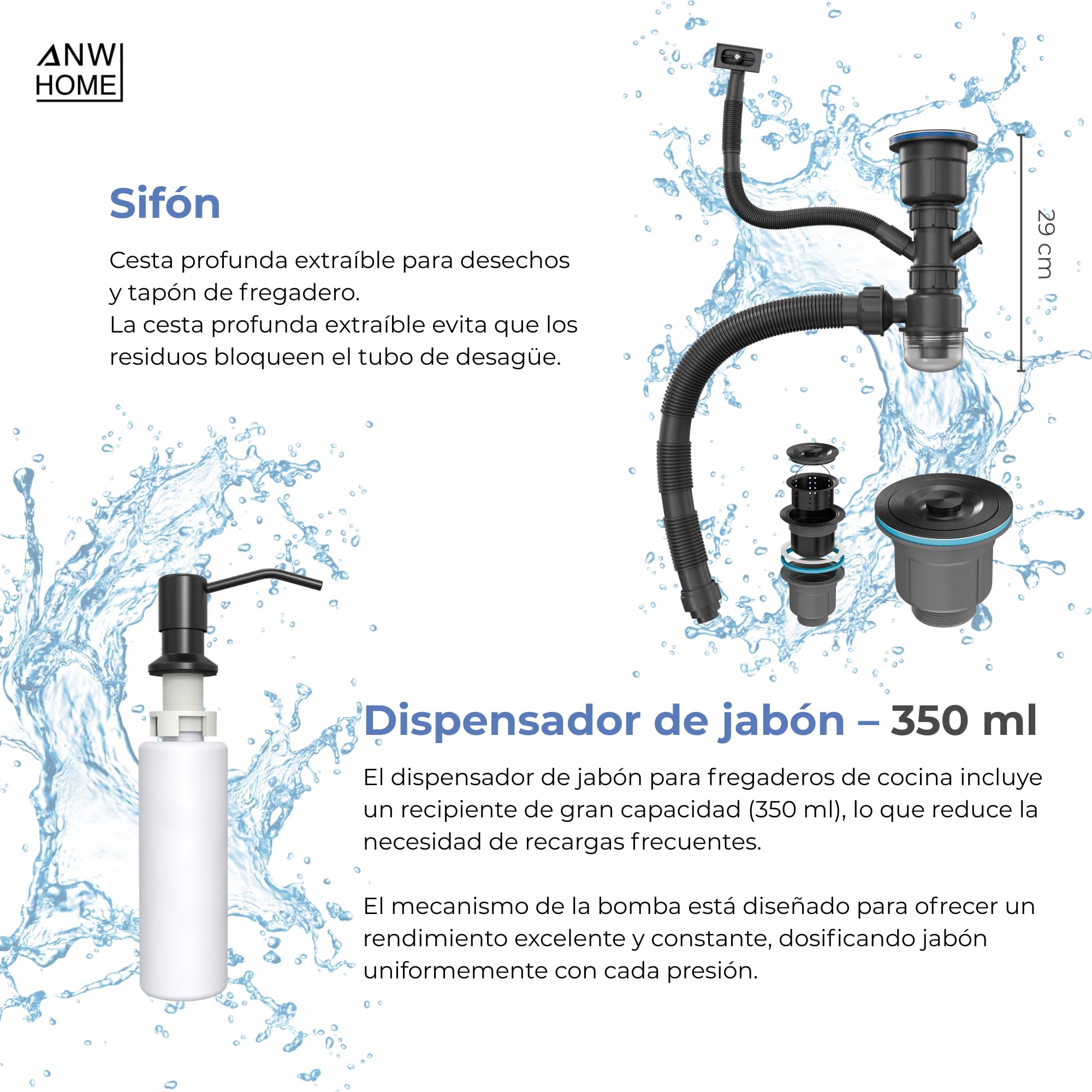 ANW HOME Fregadero Cocina 1 Seno Sobre Encimera con Escurridor, Acero Inoxidable 304, 78x50 cm, Grafito PVD, Acabado con Nano-Revestimiento, Grosor 3.0+1 mm, 22 cm, con Sifón, Dosificador y Cesta