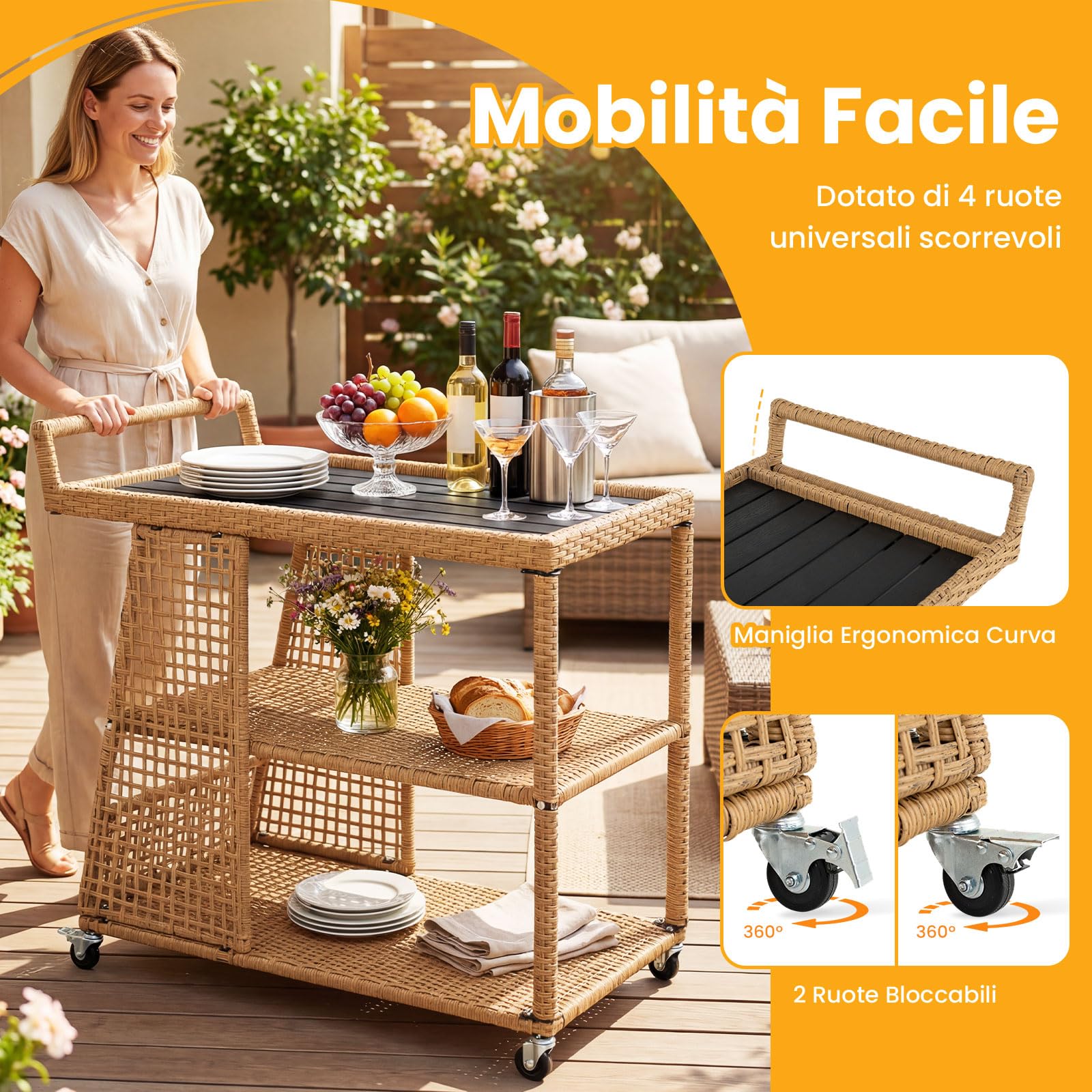 COSTWAY Carrello Bar da Esterno, Carrello Portavivande in Rattan con 4 Ruote, 3 Ripiani Aperto e Maniglia Laterale, Carrellino da Servizio per Cucina, Giardino e Bordo Piscina, 98 x 54 x 92 cm