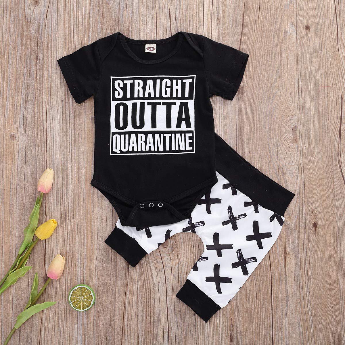 Ilyhaha Infant Baby Boys Pants Set Short Sleeve Letter Print Romper Bodysuit+X Pants Summer Outfits (Black Outta, 12-18 Months)
