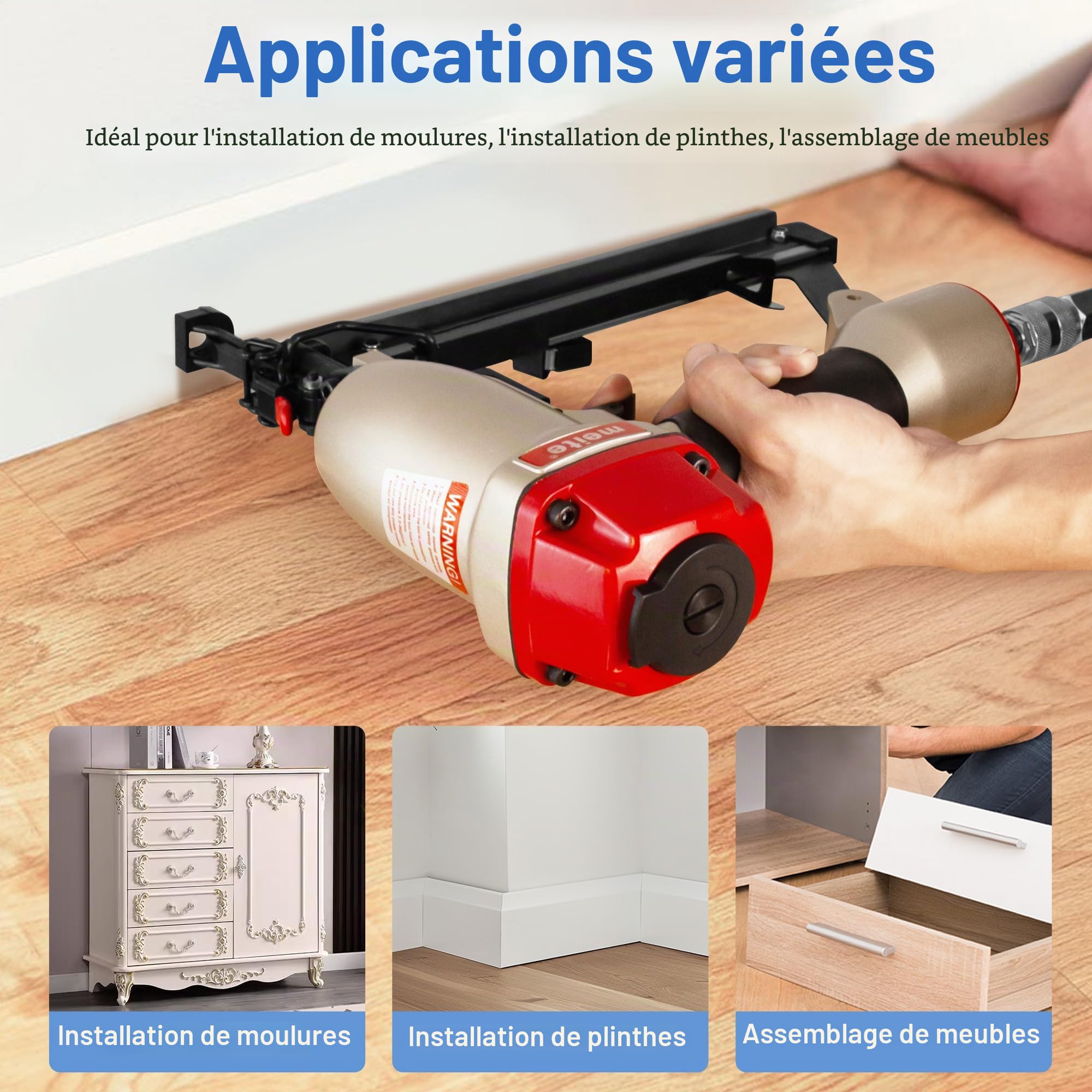 meite T64A Cloueuse de finition de calibre 16 avec 2 500 clous de 5,1 cm, pistolet à ongles pneumatique à finition droite avec libération rapide de confiture pour garniture d'armoire, accepte les