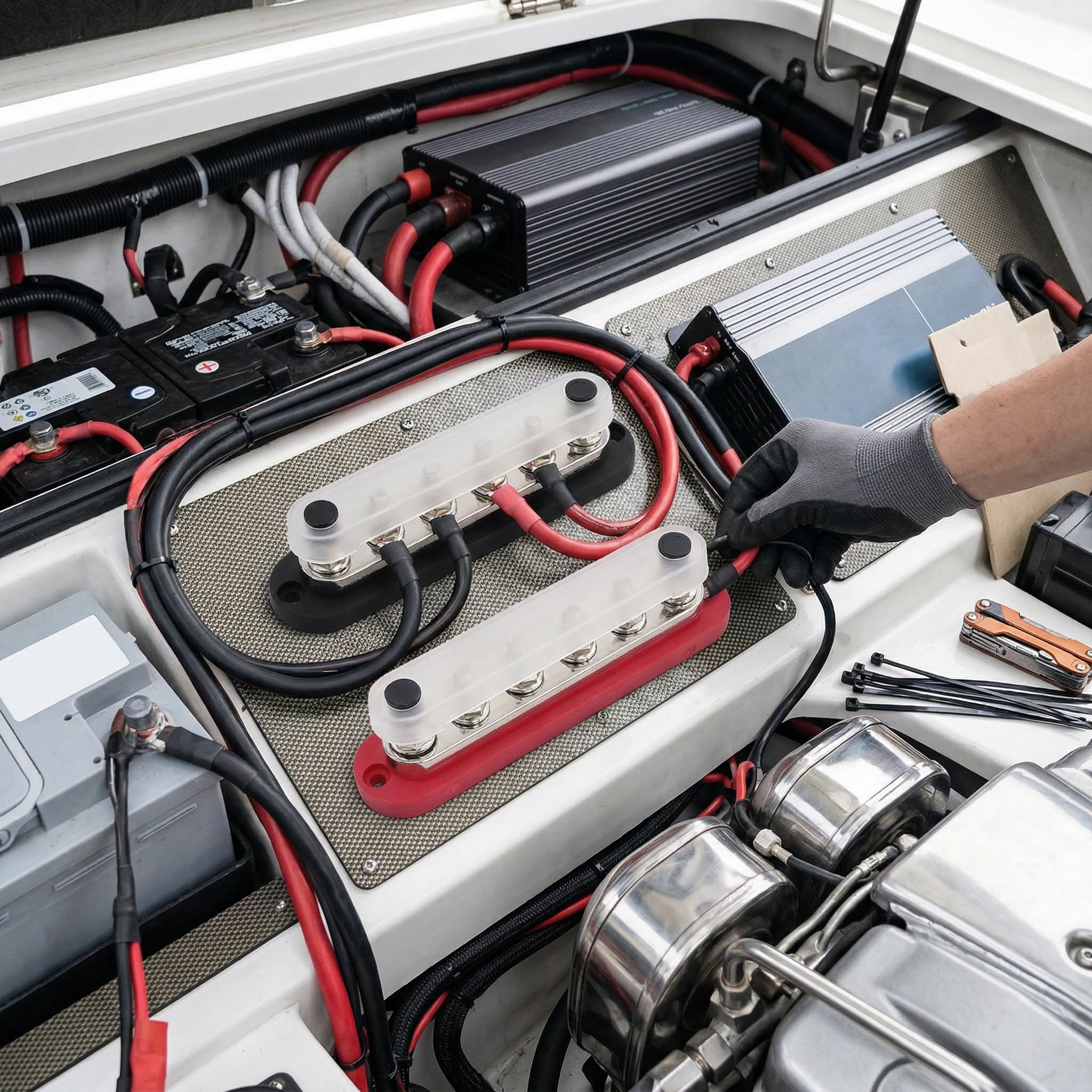 Bloc de Distribution d'Énergie 300A M8 12-48V - Barre Omnibus Marine/Automobile avec Couvercle (2 Pièces) - Bornier Haute Puissance en Laiton/Acier Inoxydable - Pour Bateaux, Camping-cars