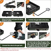 Vista 7 de Estufa de camping de propano de 2 quemadores, estufa de gas plegable portátil para acampar con 17200 BTU, dos quemadores ajustables con mango