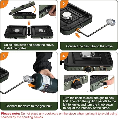 Miniatura 7 de Estufa de camping de propano de 2 quemadores, estufa de gas plegable portátil para acampar con 17200 BTU, dos quemadores ajustables con mango de