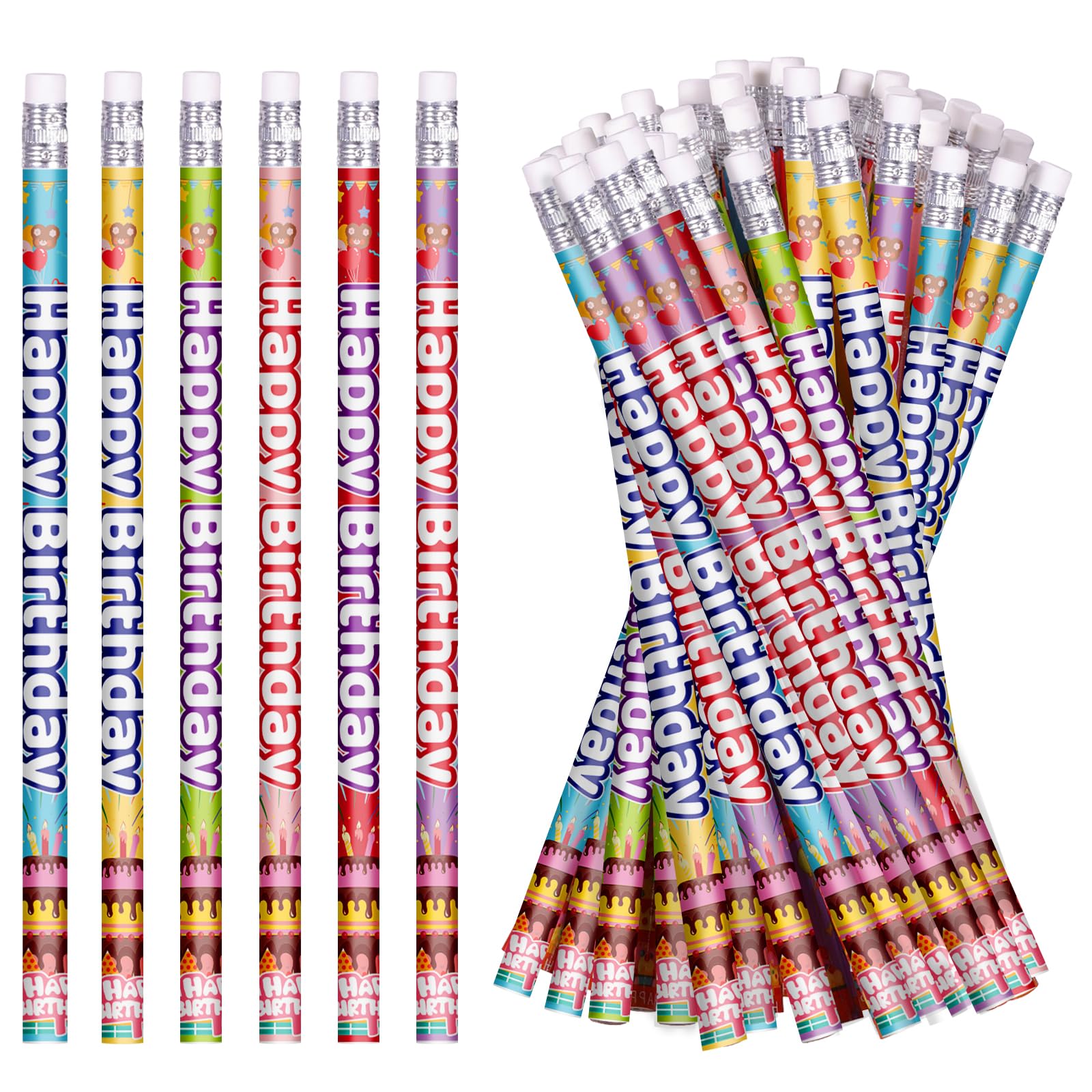 emzrivo Happy Birthday Pencils Colorful Birthday Pencil for Students Birthday Pencils with Erasers Birthday Pencils for Teacher Classroom Birthday Party Supplies, 6 Style (48)