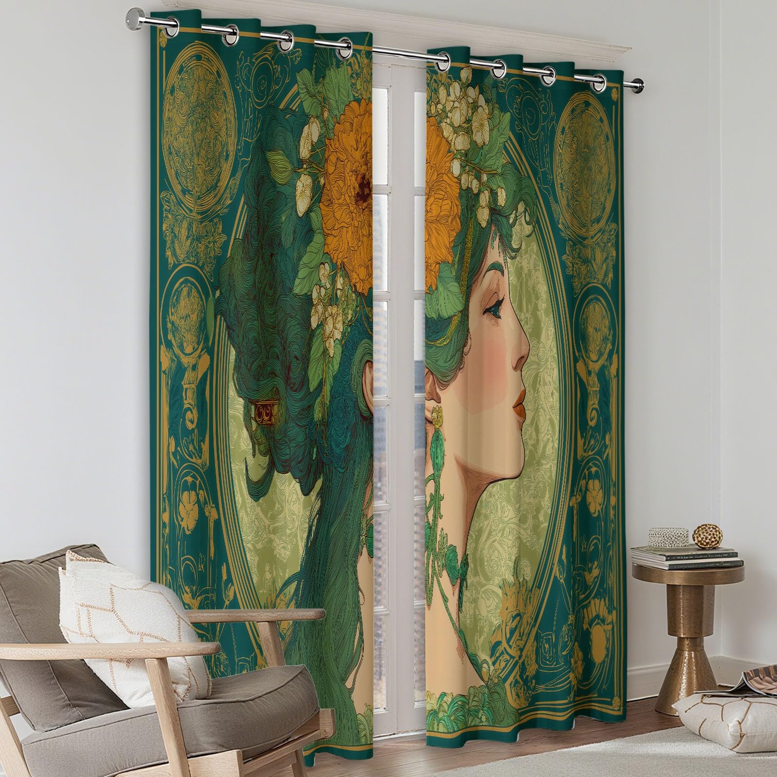 Rideau Occultant Thermiques Enfant Style Art Nouveau Belle Femme 110 x 215 cm Lot de 2 Rideaux Imprimé pour Salon Chambre Fenetre Cuisine Décoration, Rideaux et Draperies Intérieurs à Oeillets, Vert