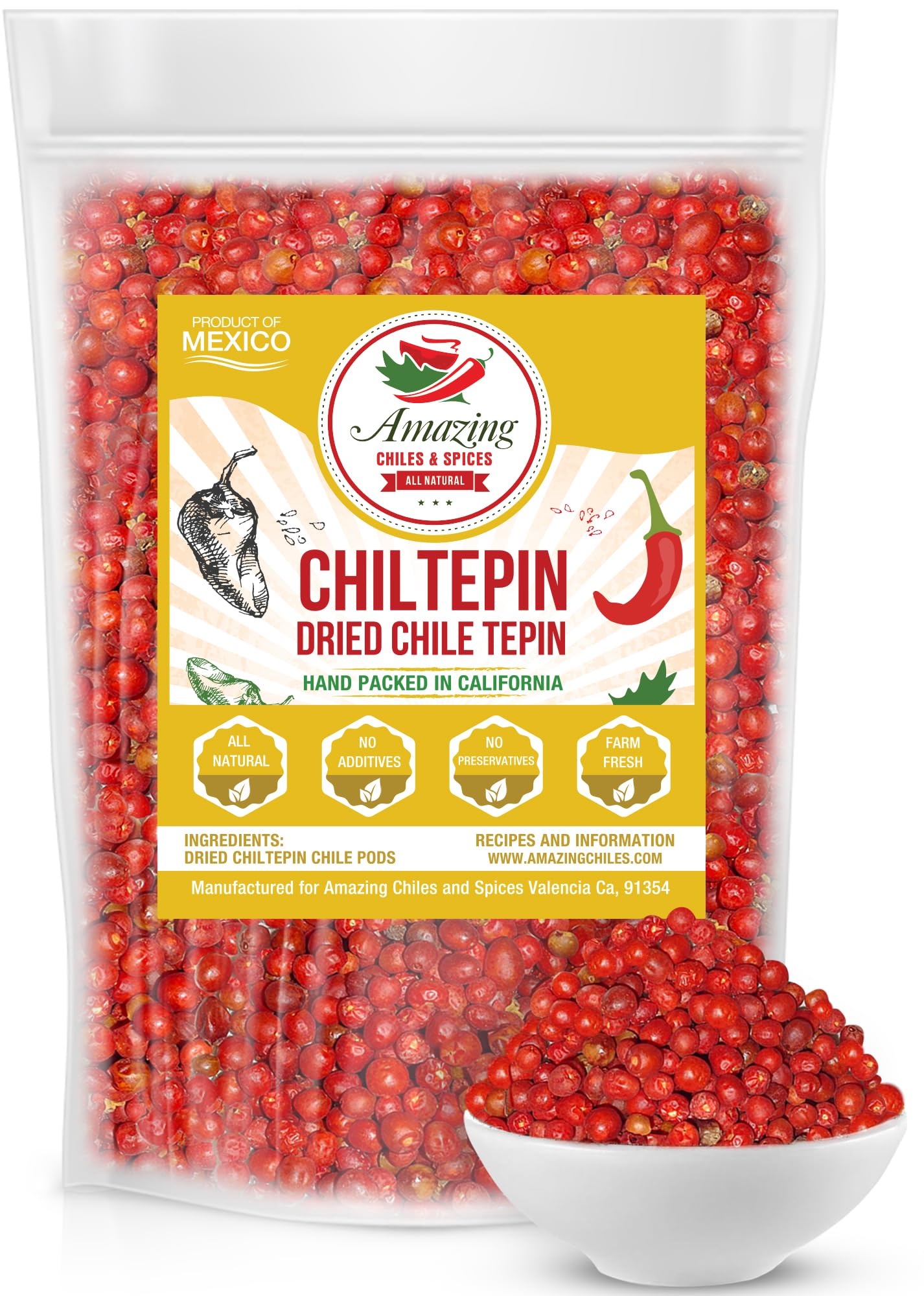 Dried Chiltepin Peppers (Chile Tepin) – 1oz Bag - Great For Use with Seafood, Sauces, Stews, Salsa, Meats. Very Hot with a Smoky Flavor. Air Tight Resealable Bag. By Amazing Chiles & Spices.