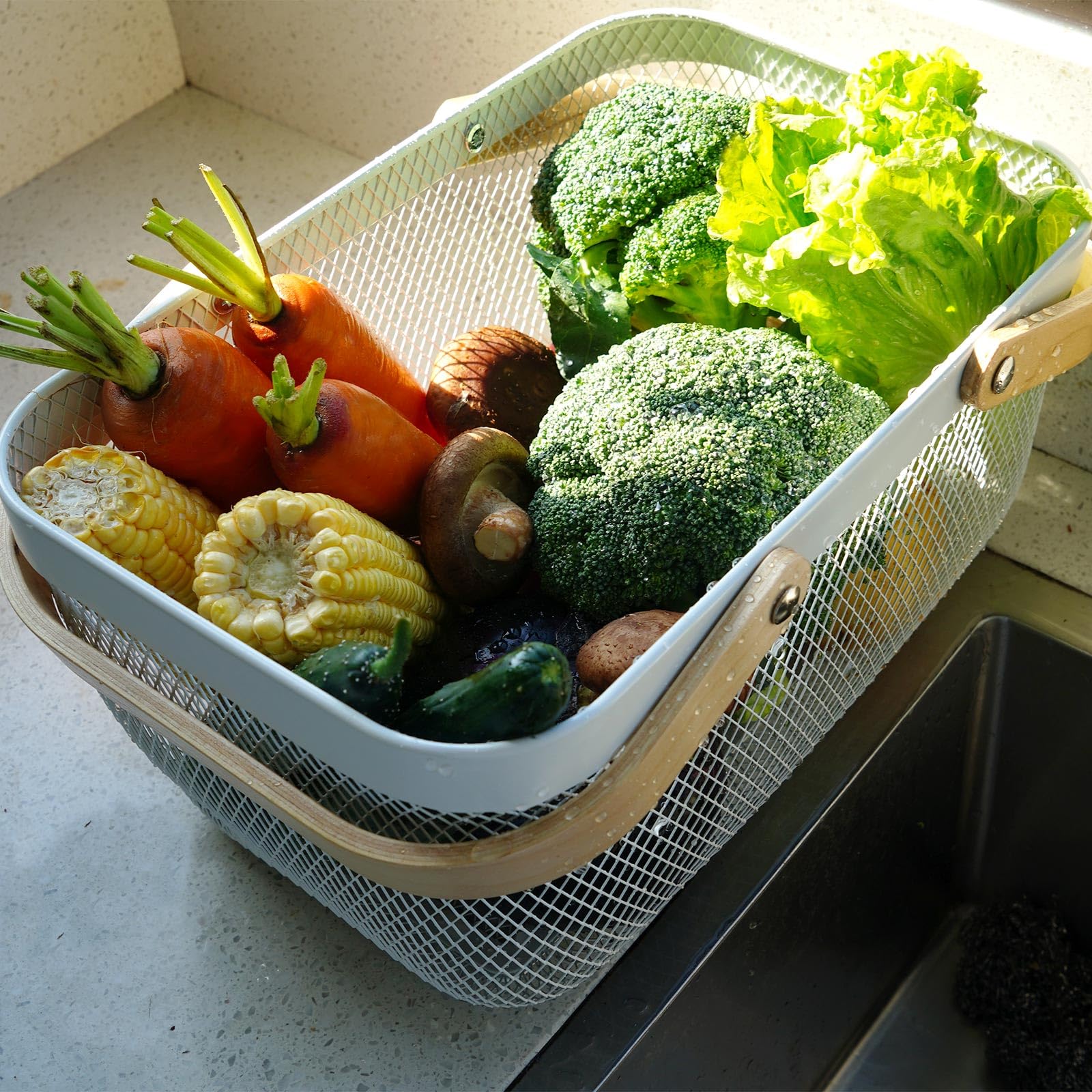 Cesta de cosecha de acero de malla metálica, cesta rectangular de alambre para jardín con asa, organizador de almacenamiento multifuncional para recoger verduras, frutas, cocina, jardín