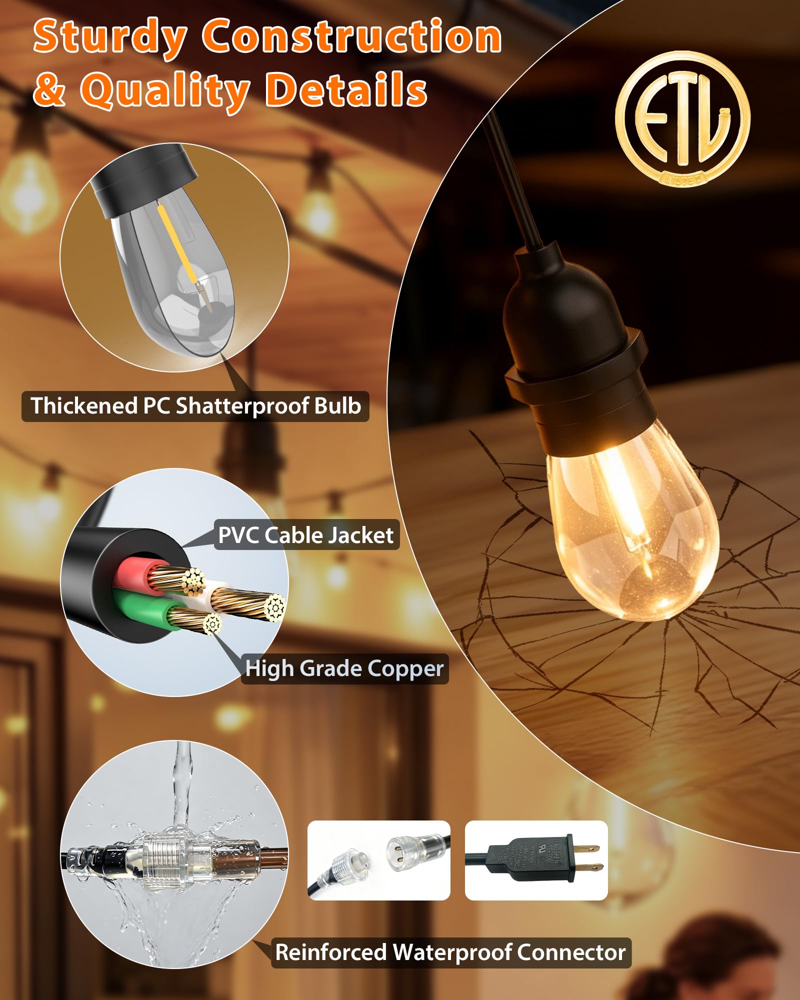 Guirnalda de luces para exteriores, 72 LED, impermeable, para patio, patio, inastillable, 12 bombillas Edison vintage, iluminación colgante para porche, jardín, patio trasero, cafetería, 6,2
