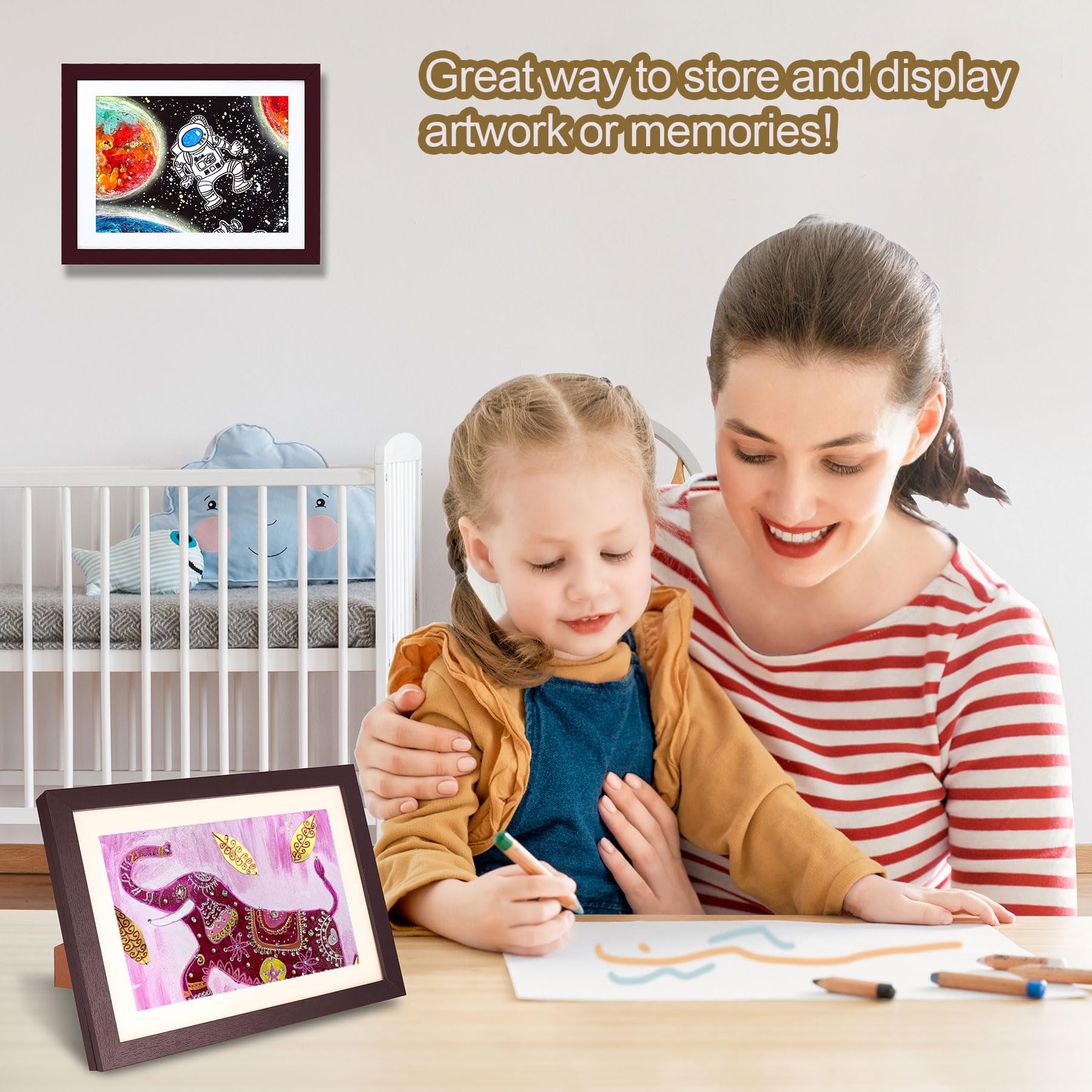 UBeesize 9.5x13 Kids Art Frame - A4 Artwork Display Kids Art Frames Front Opening Holds 50 - Changeable Picture Display 8.5x11 Without Mat and 6.1x9.6 With Mat -Storage Frames with Easel Back(Walnut)