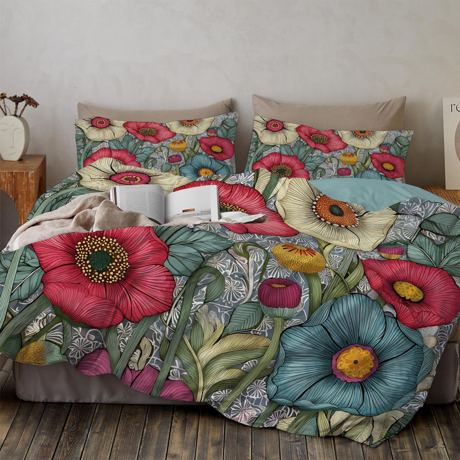 Housse de couette 140x200cm fleurie gris bleu avec 2 taies