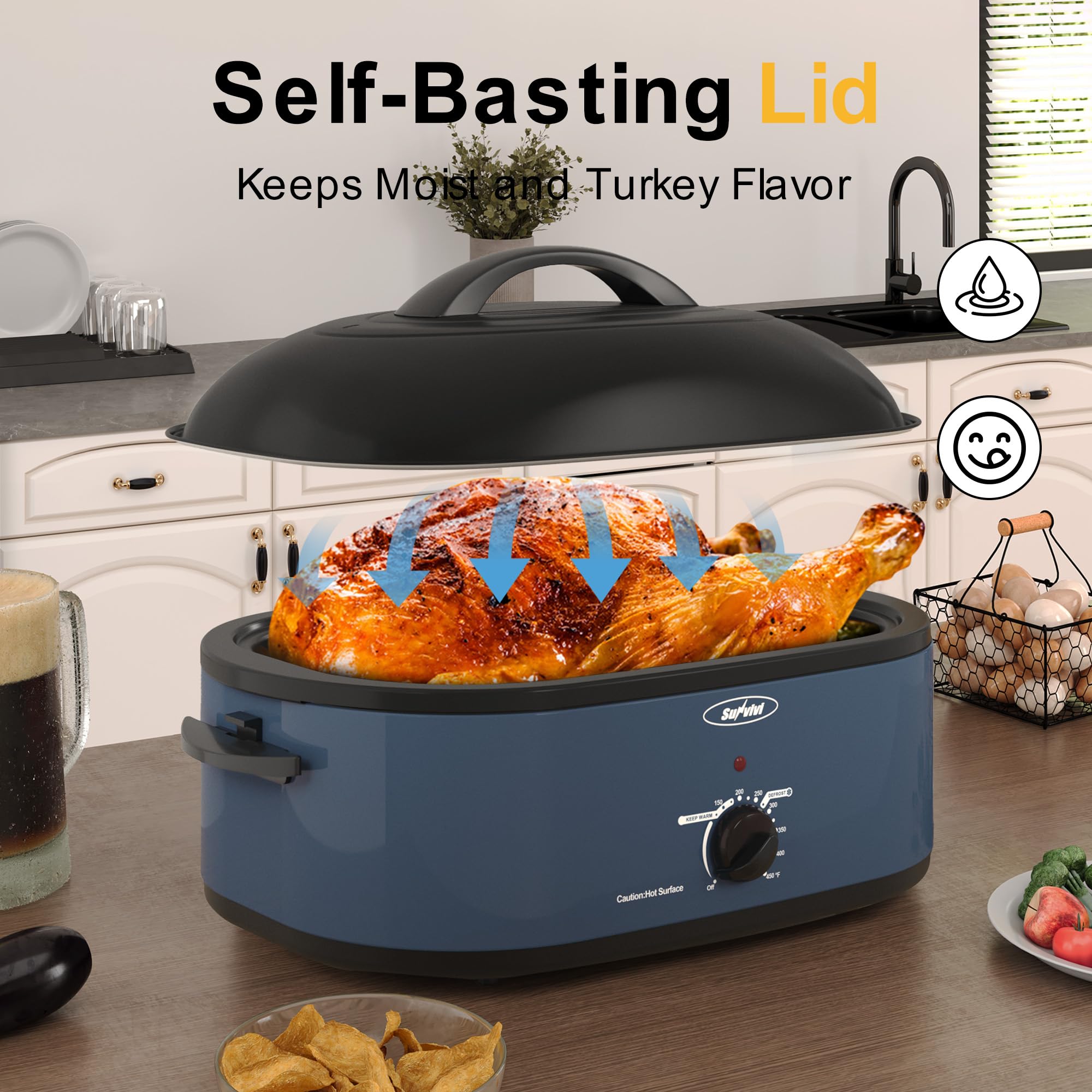 Sunvivi - Forno tostapane elettrico con coperchio autofilato, tostapane a tacchino da 20 quarti con funzione unica di sbrinamento/calore, grande tostapane con vassoio rimovibile e mensola, acciaio