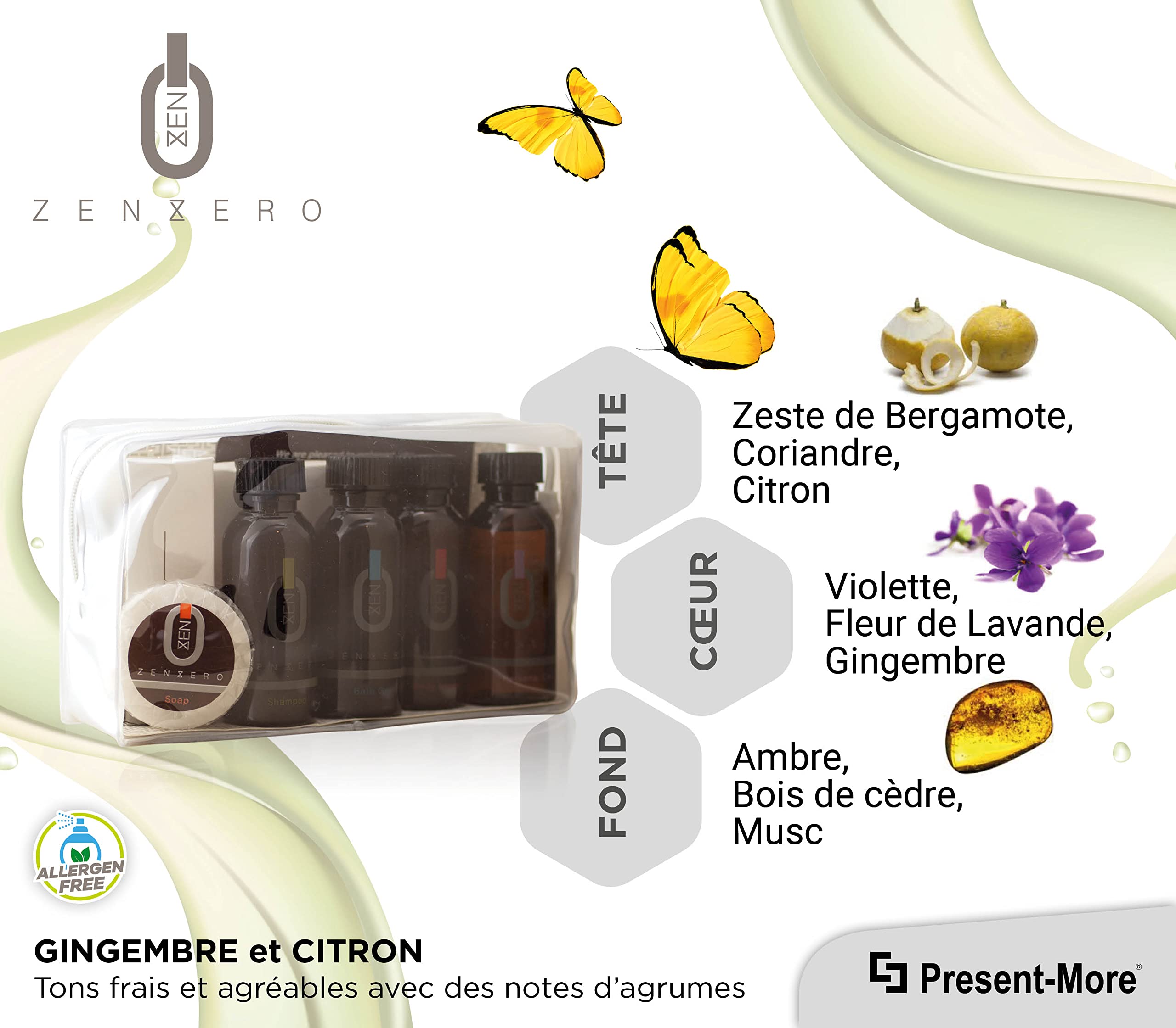 PRESENT-MORE - Kit Accueil 24 Invités Zenzero - Parfum Gingembre et Citron - Contenu: Shampooing, Gel Douche, Crème, Gel Intime, Savon et Accessoires - Pour Hôtels et B&B