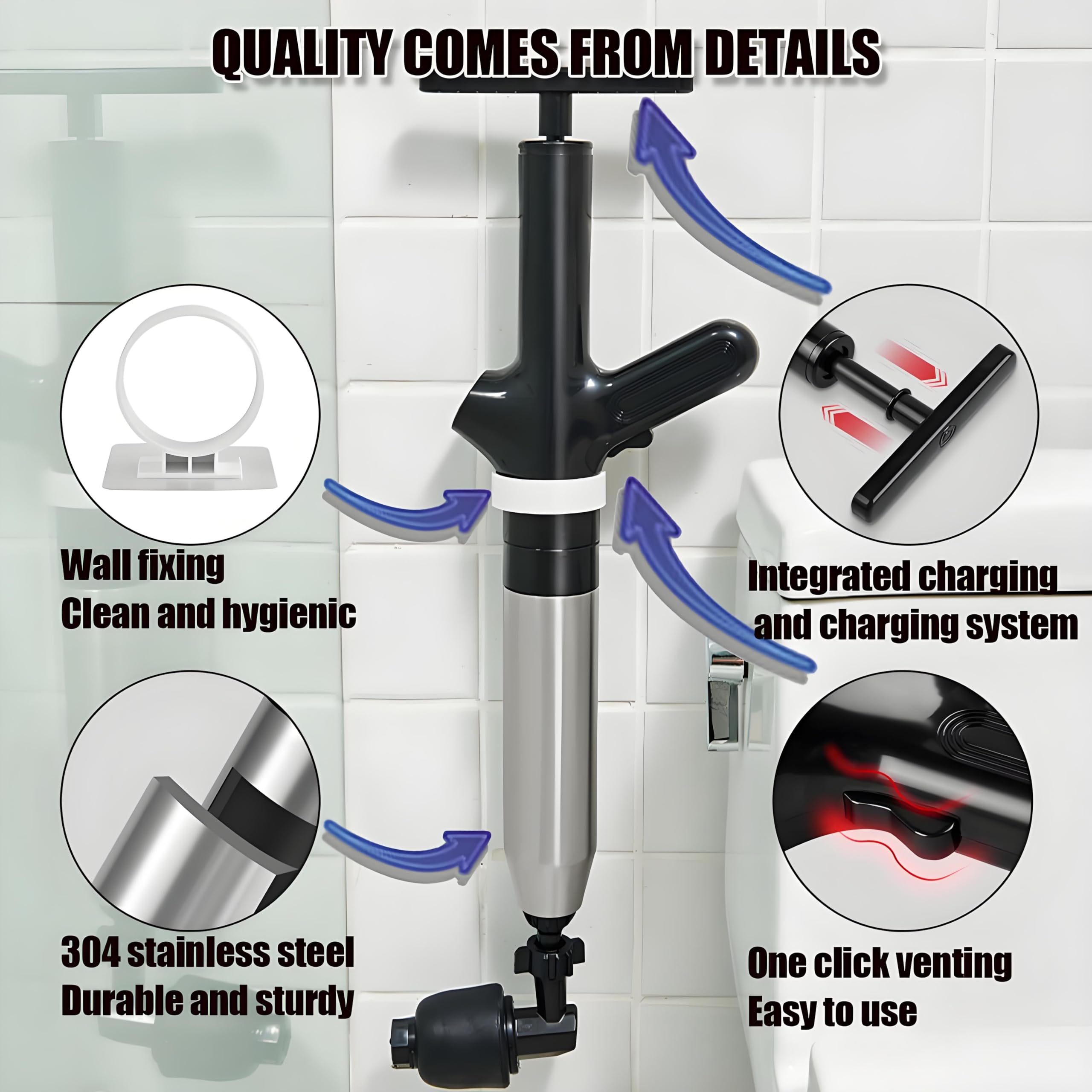Wenbones Stantuffo per WC ad Aria Compressa, Sturalavandini a Pressione Nuovo Multifunzionale, Stura Lavandini e Scarichi per Disintasare WC, Lavello, Vasca, Scarico a Pavimento (Nero)