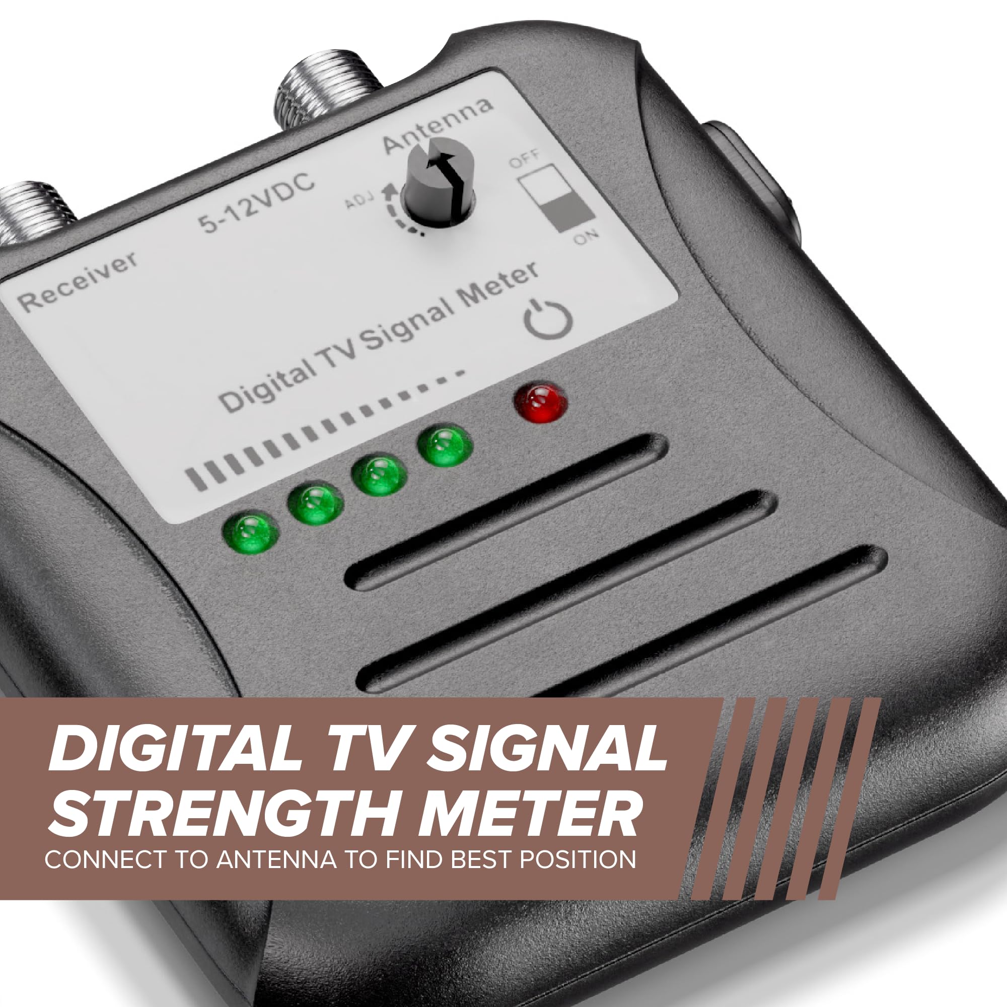 THE CIMPLE CO Signal Strength Meter, LED Indicators, for RV's and Over-The-Air Antennas, Sensitivity Adjuster, TV Antenna Finder, with Coax, Black
