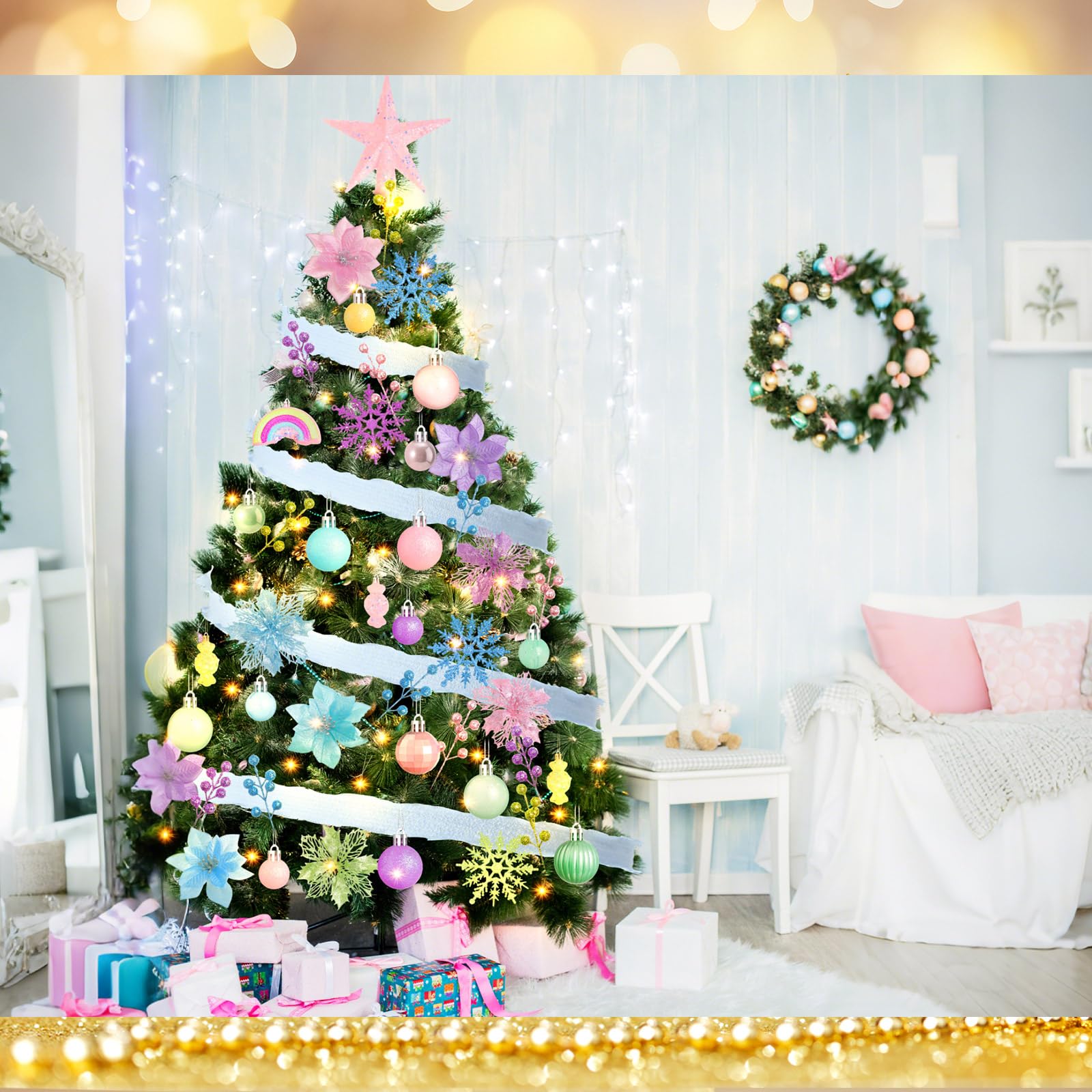 Syhood Lot de 70 décorations de sapin de Noël pastel comprenant des décorations de Noël à paillettes, poinsettia, fleurs, baies, flocons de neige, ruban LED pour décoration de Noël