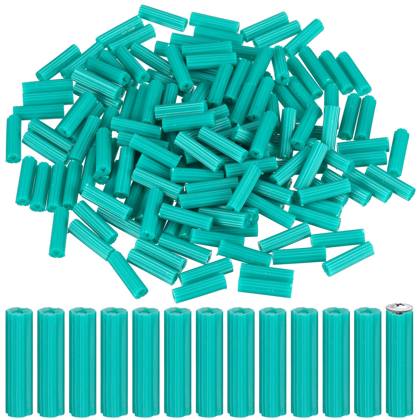 200 Pcs Expanding Plastic Screw Anchors 1/4" Hole Green Plastic Anchors for Concrete Tile Cement Bolt Expansion Tube for #10,11,12 Screws, Fix to Wall Drywall or Other Surface(1-1/4")