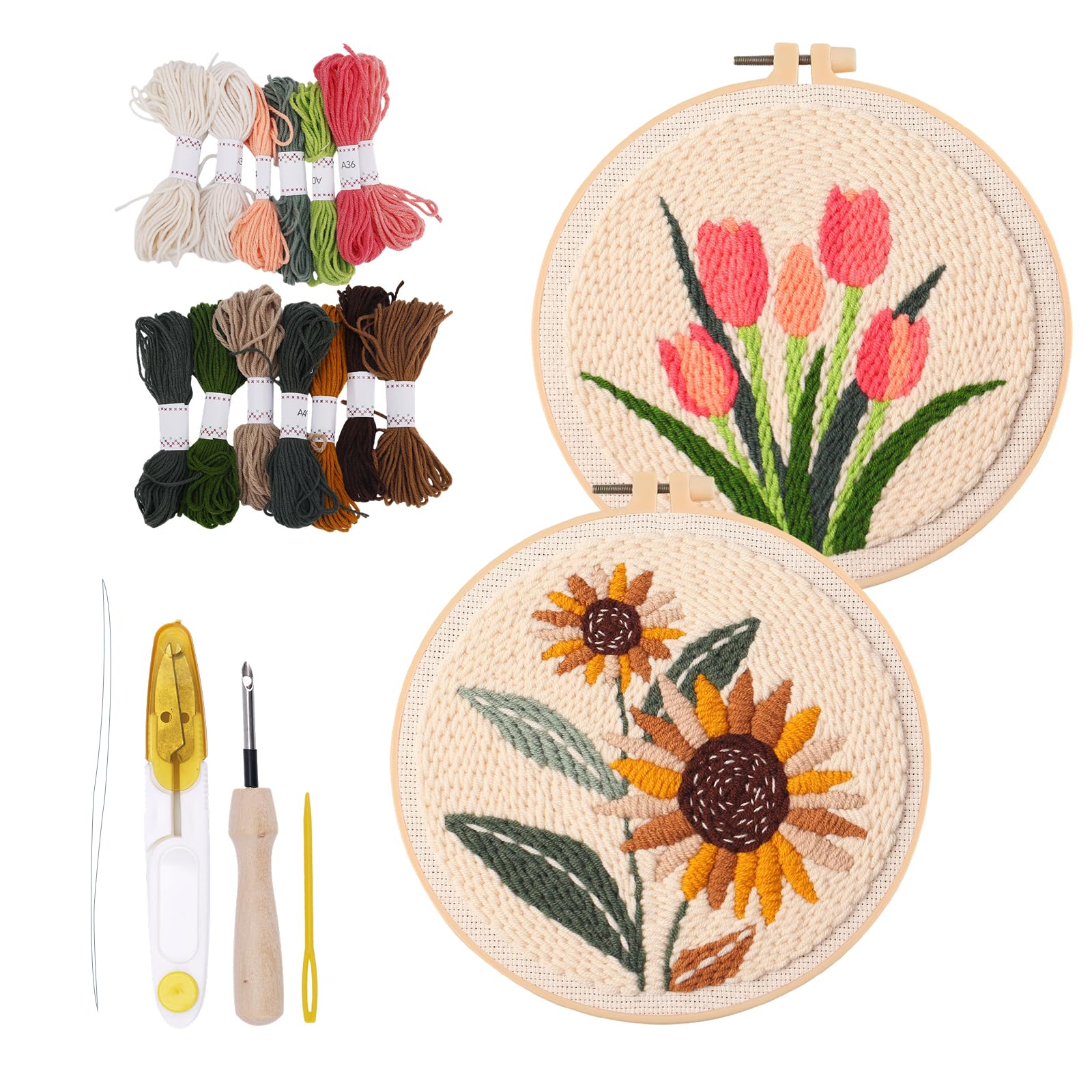 Penitue Kit Punch Needle, Modello Girasole e Tulipano Fai da Te Ricamo Floreale, Set Iniziale per Adulti Principianti Bambini con Tessuto Stampato Filati Aghi da Cucito Telaio Ricamo Infila-Fila