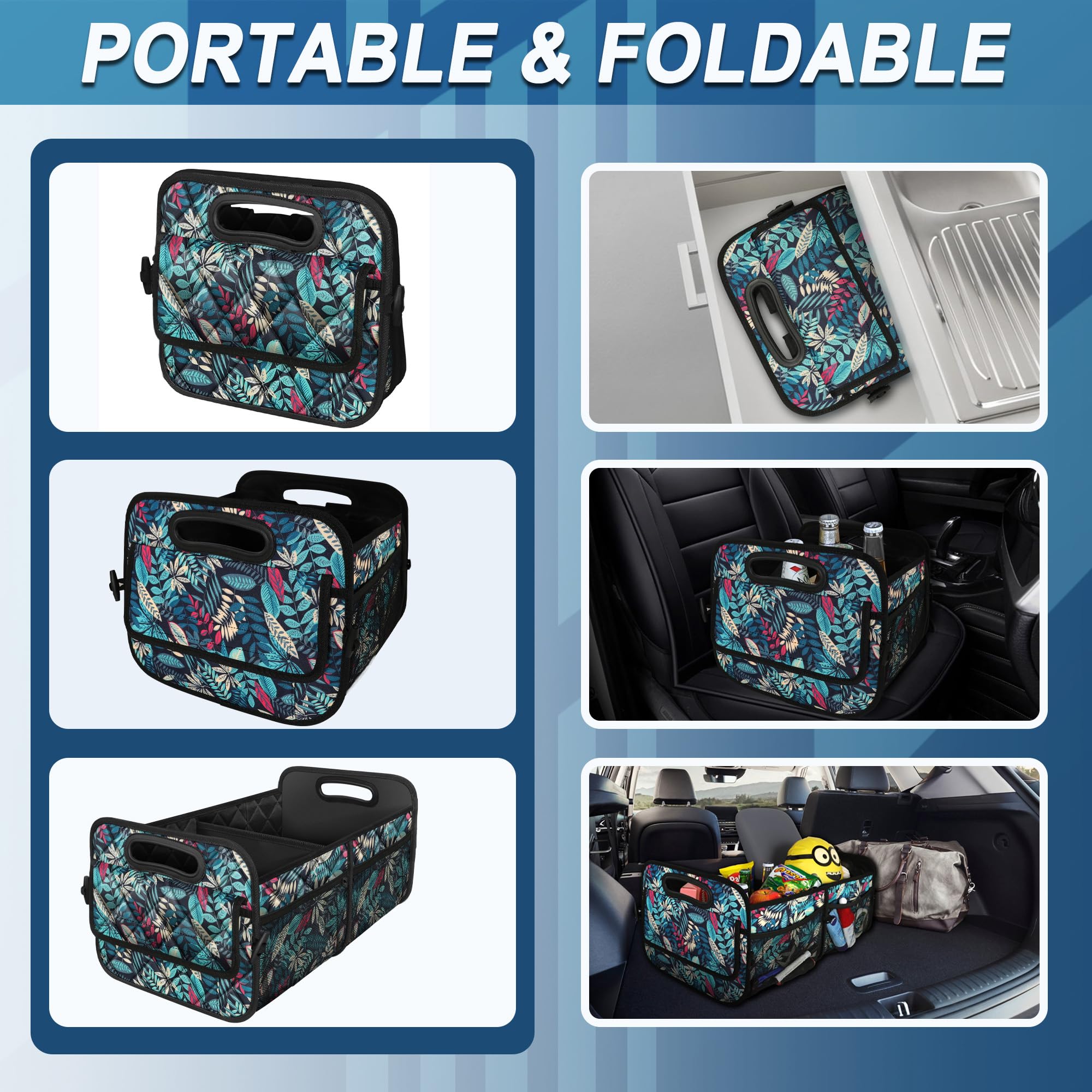 Deosk Organizador de maletero de coche, organizador plegable con 6 bolsillos grandes, organizador de maletero de poliéster impermeable 600D de 50 L para coche/SUV/minivan/camión, mediano, hojas