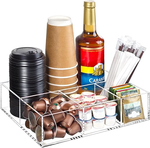 BEYGORM Organizador de acrílico para barra de café, para encimera, sala de descanso de oficina, accesorios de almacenamiento de aperitivos, soporte