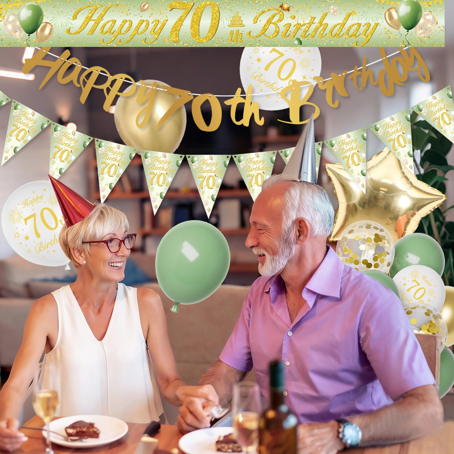 Décoration Anniversaire 70 Ans, Vert Or Ballon 70 Ans Anniversaire Femme Homme, Decoration 70 Ans, Bannière Joyeux Anniversaire pour 70 Réutilisable - 4