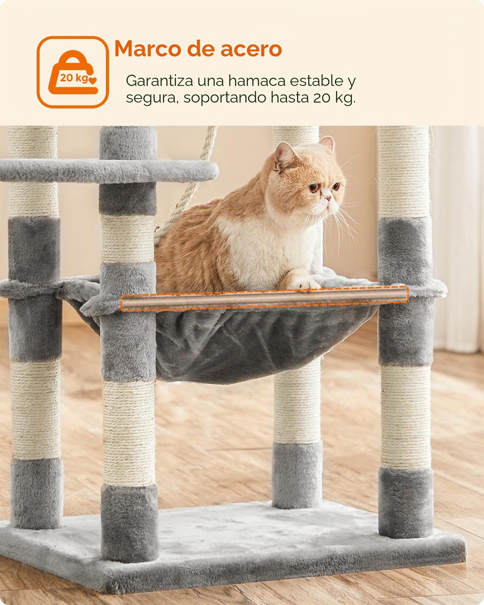 Feandrea Árbol para Gatos de Altura 143 cm, Torre para Gatos, con 11 Postes Rascadores, 2 Plataformas, 1 Cueva, 1 Hamaca, 2 Pompones, Tela de Felpa, Multinivel, Gris Claro PCT15W