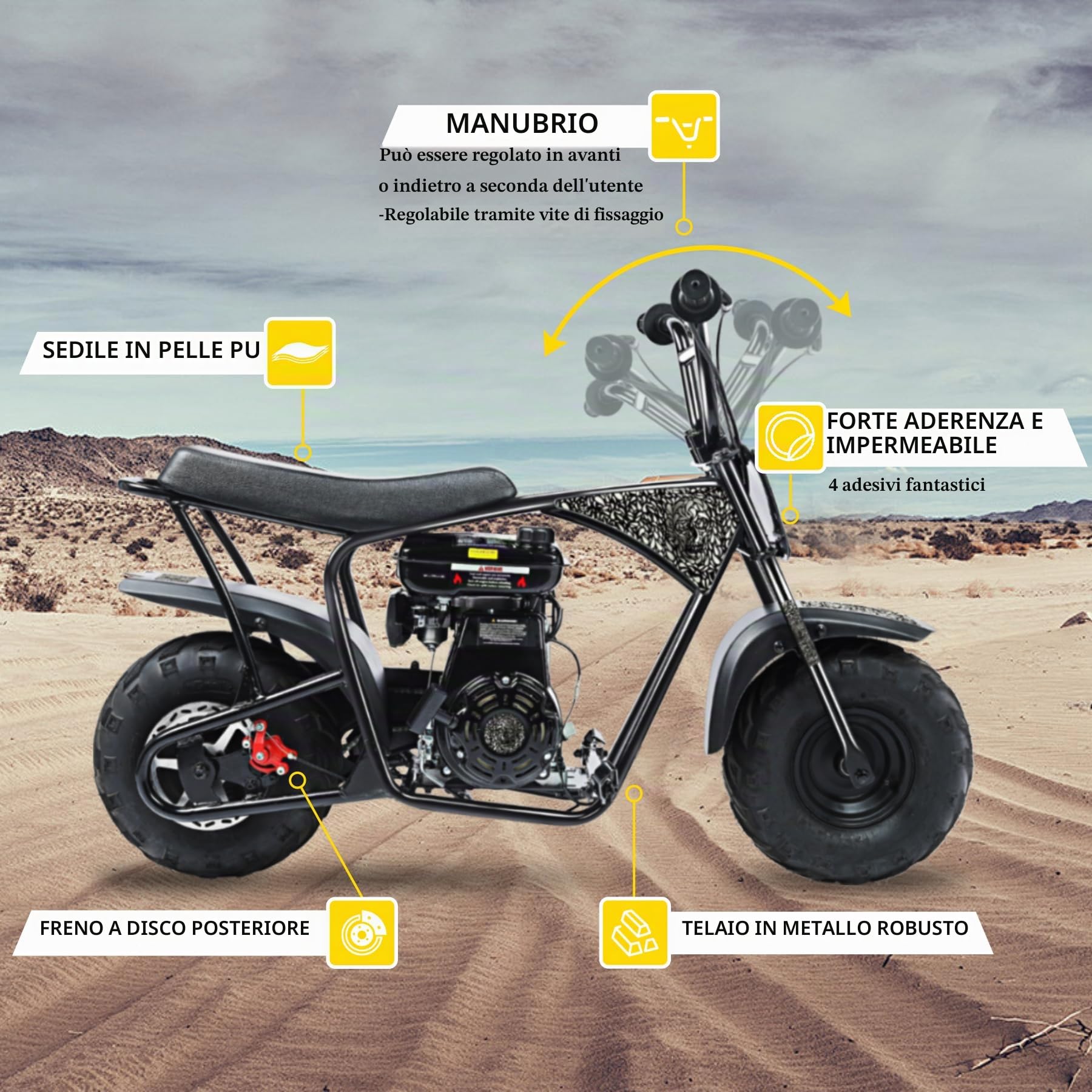 Dirt Bike 105 CC 4 tempi a benzina fuoristrada per bambini con 4 tipi di adesivi fai da te, cambio automatico e avviamento a fune, Pocket Bike a partire dai 13 anni, regalo per adolescenti e adulti