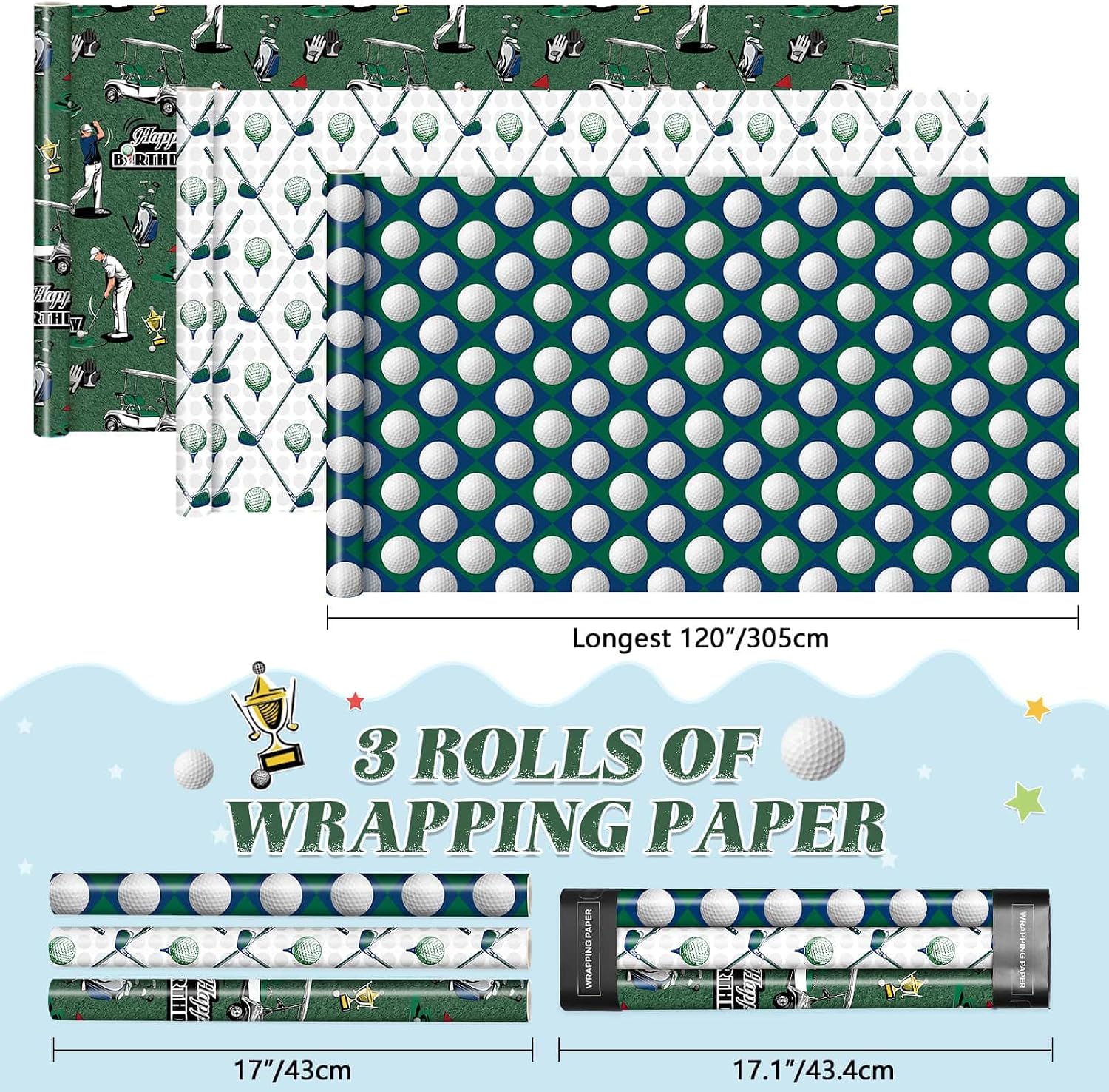 WERNNSAI Golf Wrapping Paper Rolls - 3 Rolls 17” x 10FT Golf Gift Wrap for Dad Men Birthday Father's Day Sport Golfball Golfing Theme Party Retirement Gifts Green Golfball Design